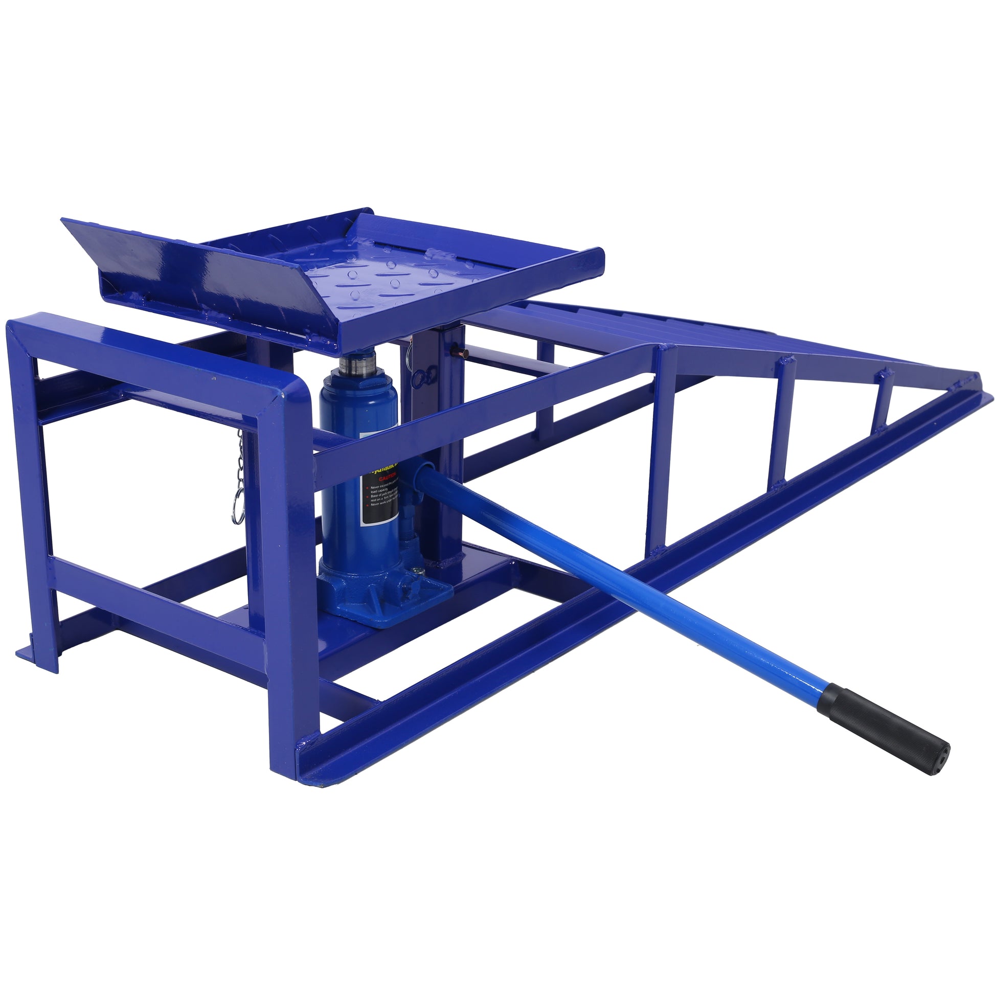 Blue metal car ramp with integrated hydraulic jack for lifting vehicles