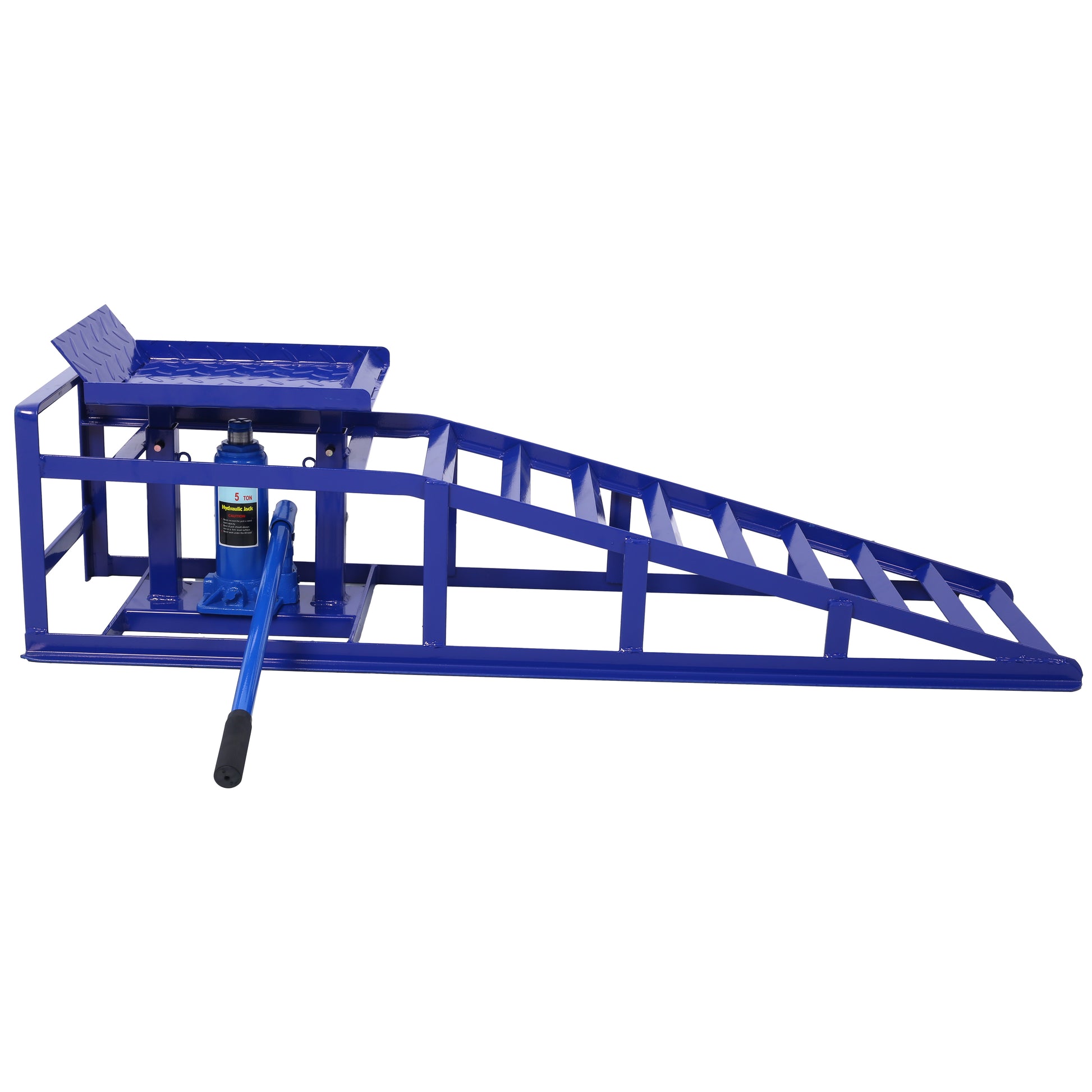 Blue hydraulic jack integrated with a car ramp system