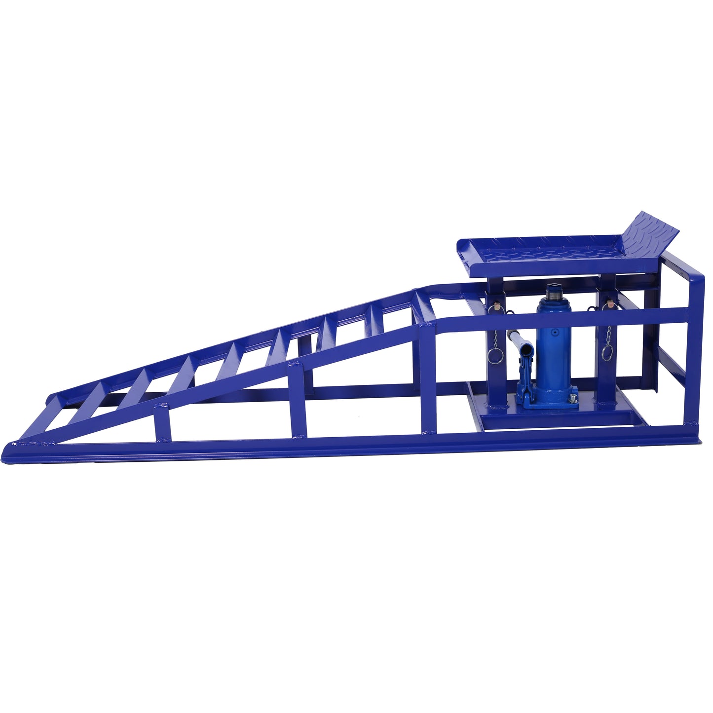 Blue steel hydraulic car ramp with integrated jack for easy vehicle lifting and maintenance