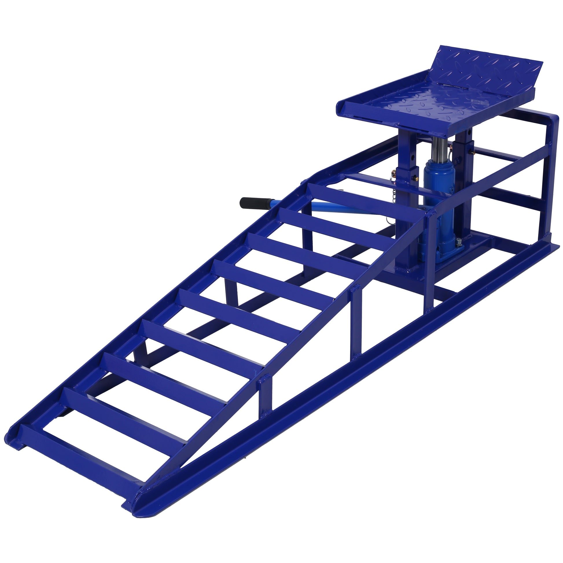 Blue hydraulic car ramp with diamond plate wheel stops for garage use