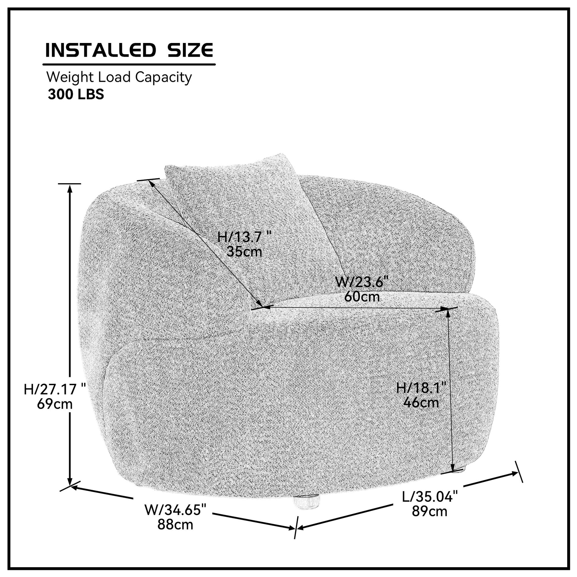 Gray textured armchair with detailed dimensions and  lbs weight capacity