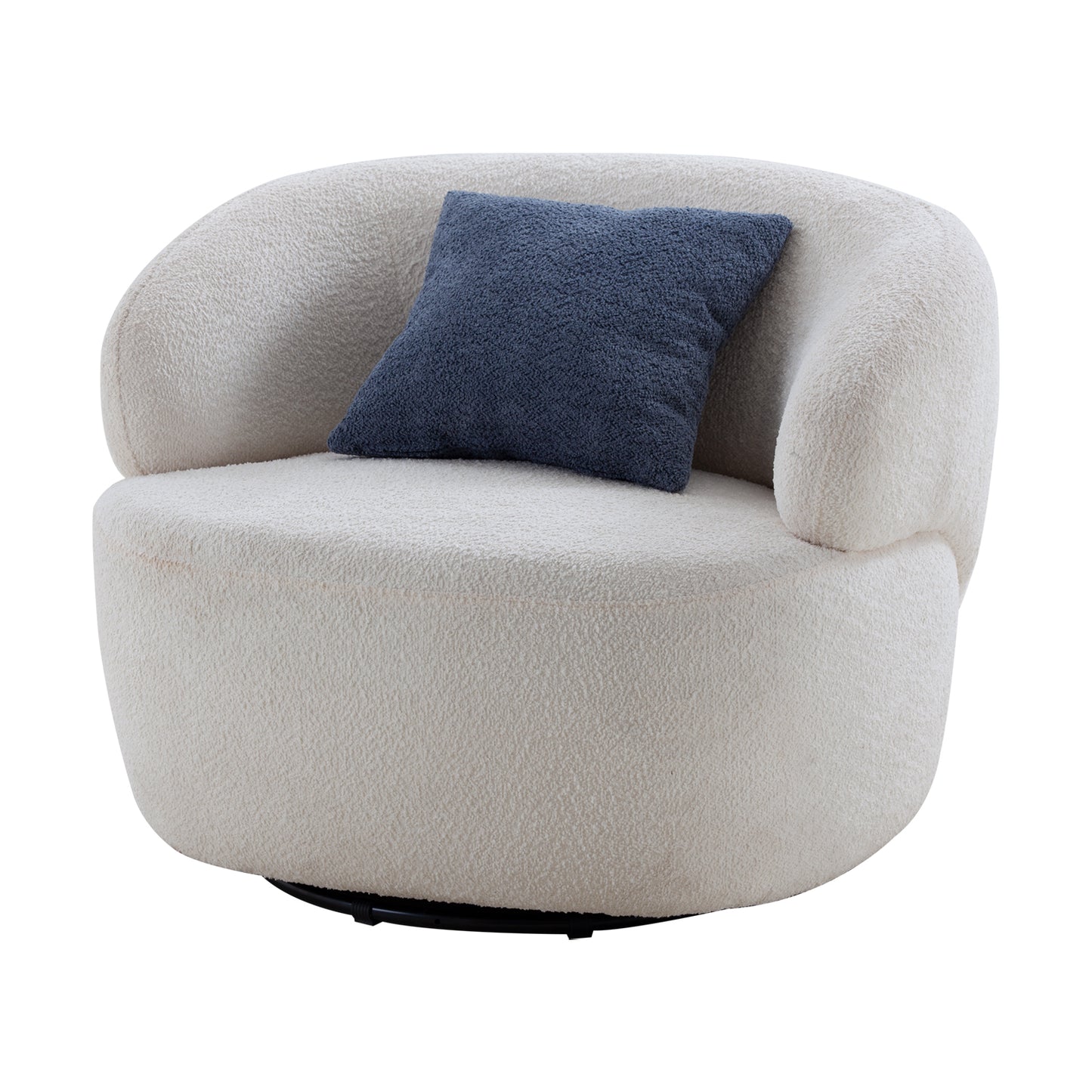 Cream boucle swivel armchair with a navy blue accent pillow