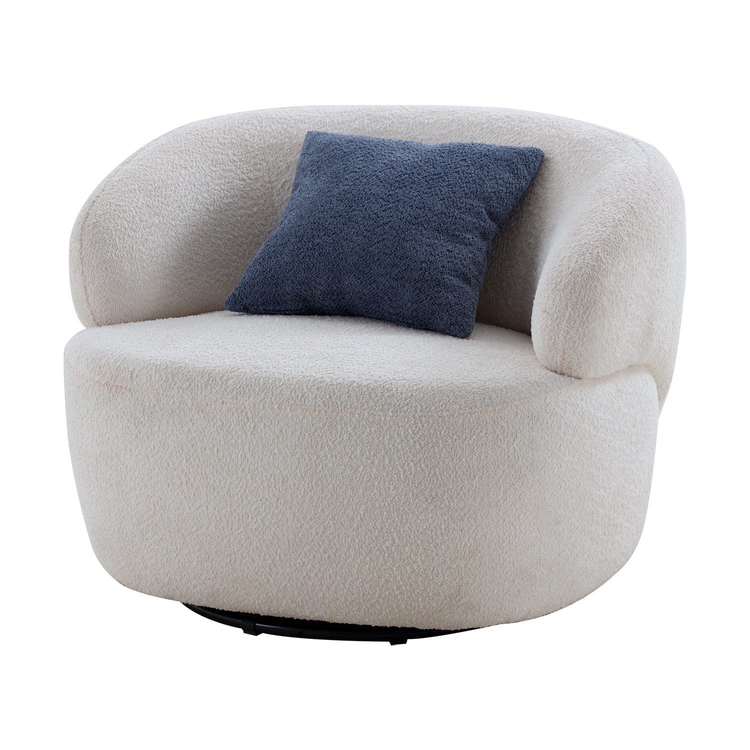 Cream boucle swivel armchair with a navy blue accent pillow