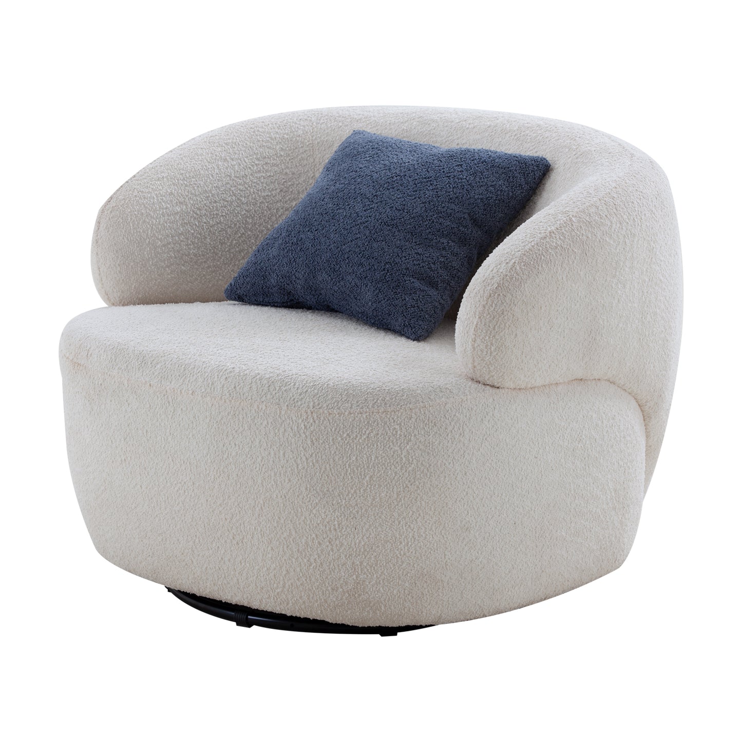 Cream boucl swivel accent chair with a navy blue accent pillow