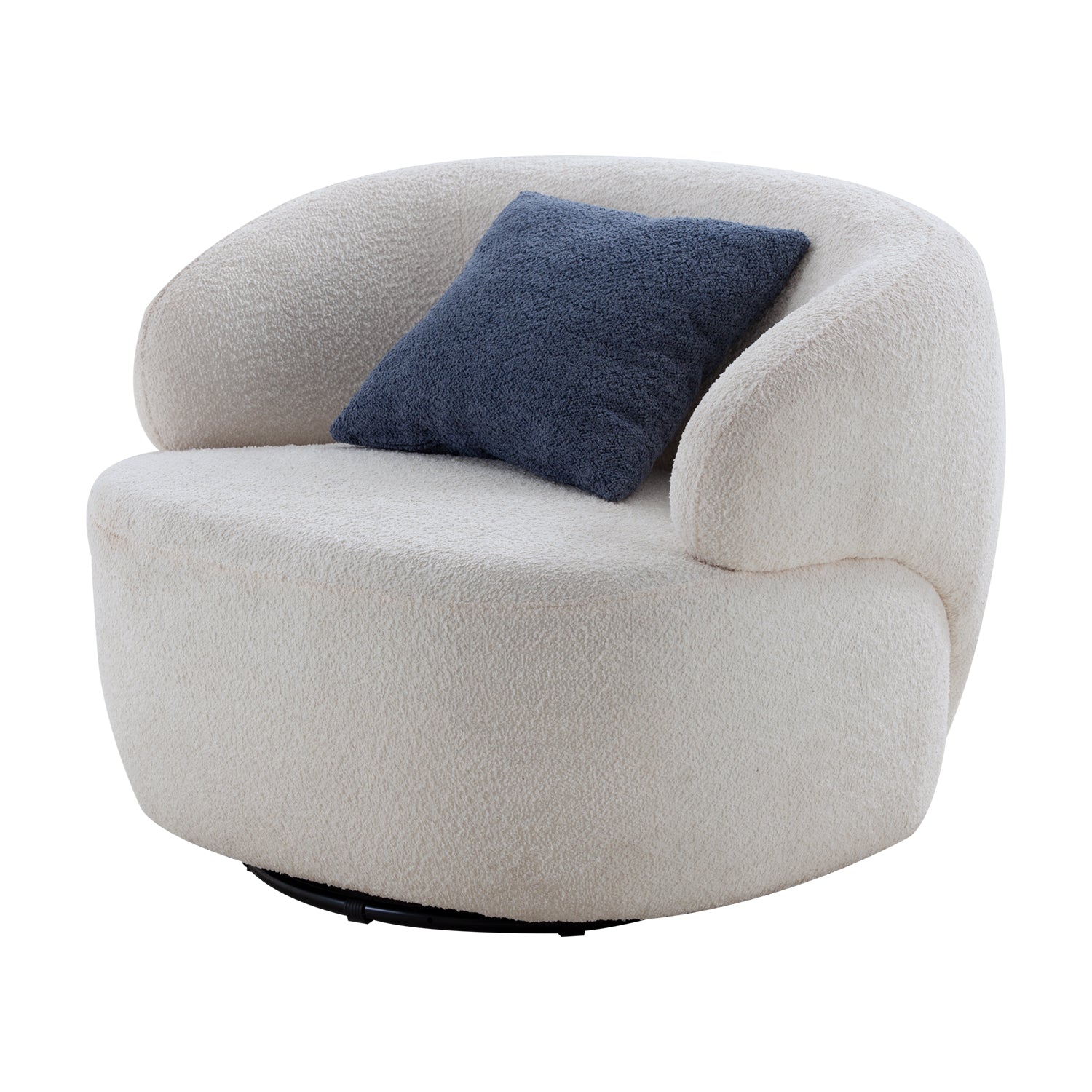 Cream boucl swivel accent chair with a navy blue accent pillow