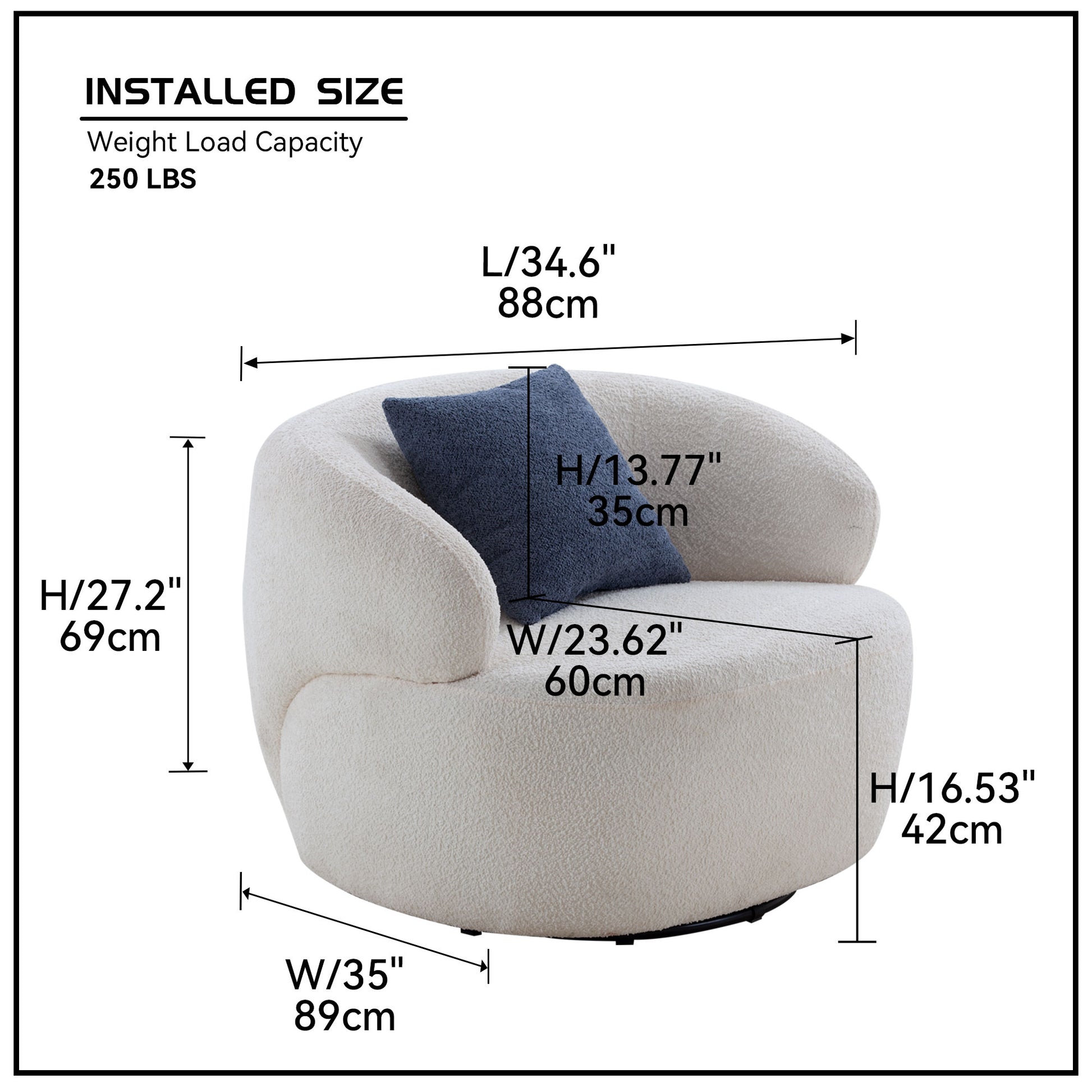 Cream textured accent chair with curved back and navy pillow Weight  lbs