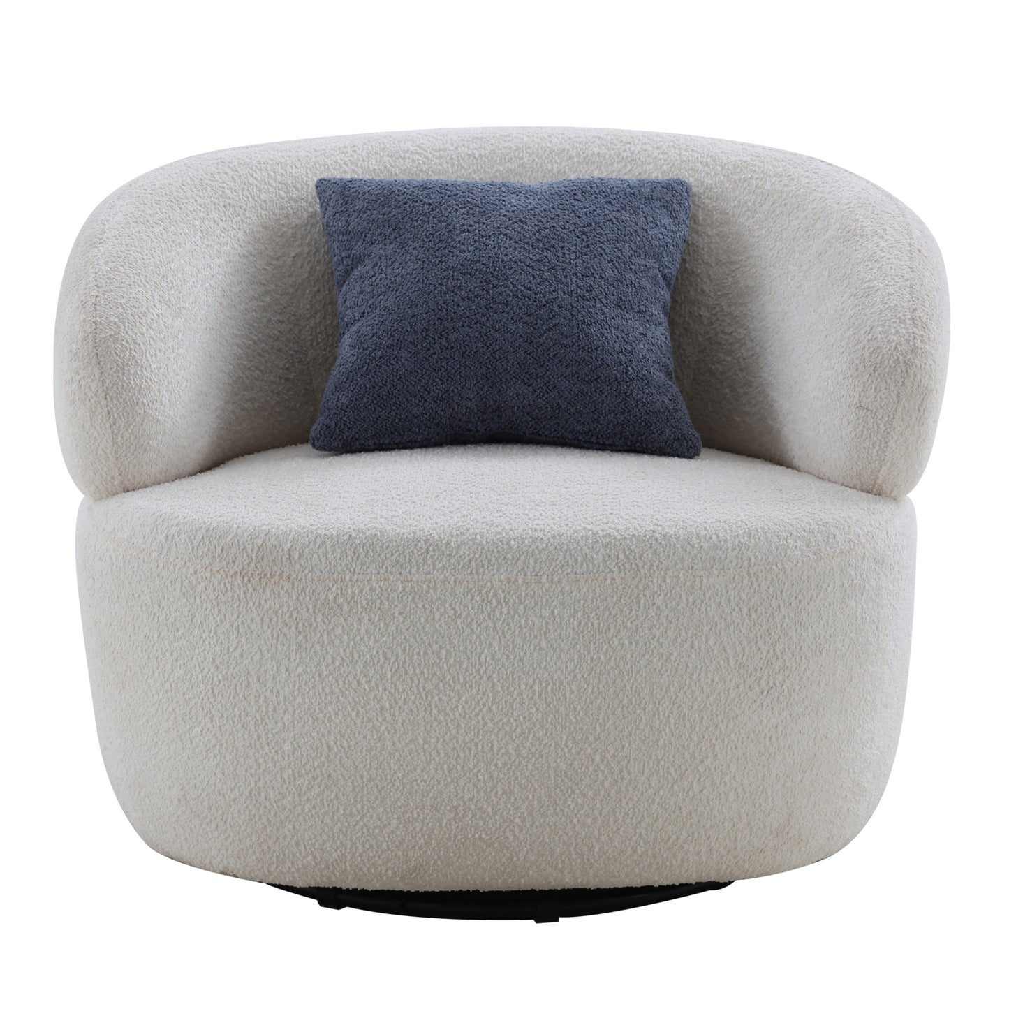 Cream boucle swivel chair with dark grey accent pillow