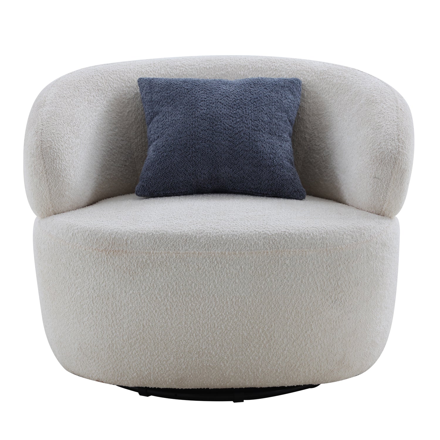 Cream boucle swivel chair with dark grey accent pillow