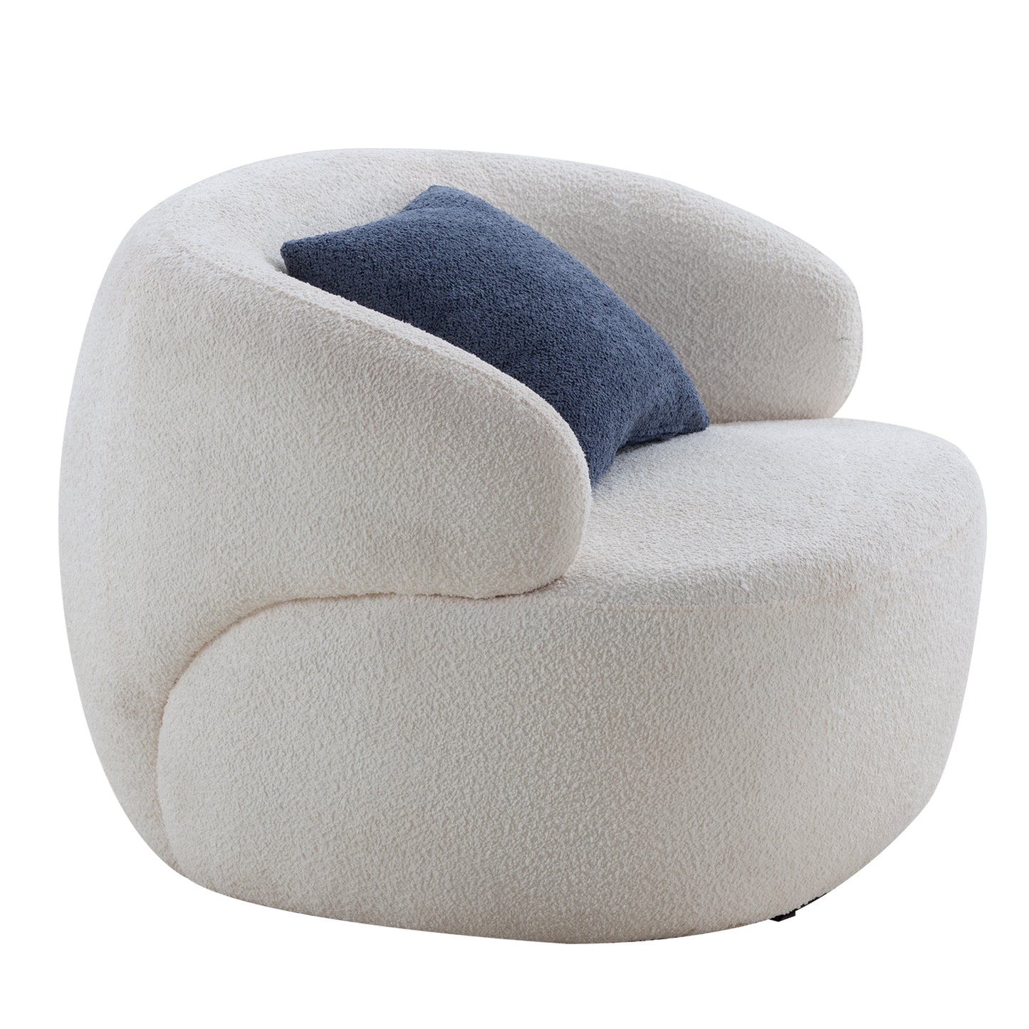 Cream boucle armchair with curved design and dark blue accent pillow