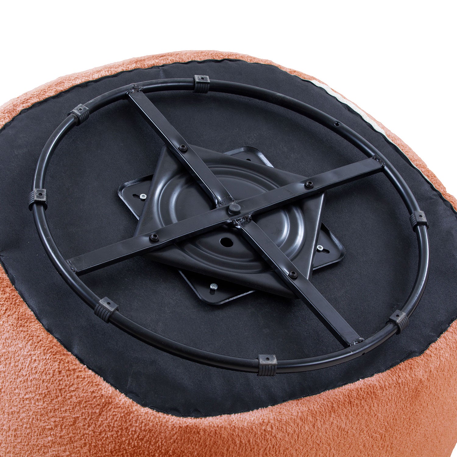 Closeup of a rotating swivel base mechanism for an orange upholstered stool