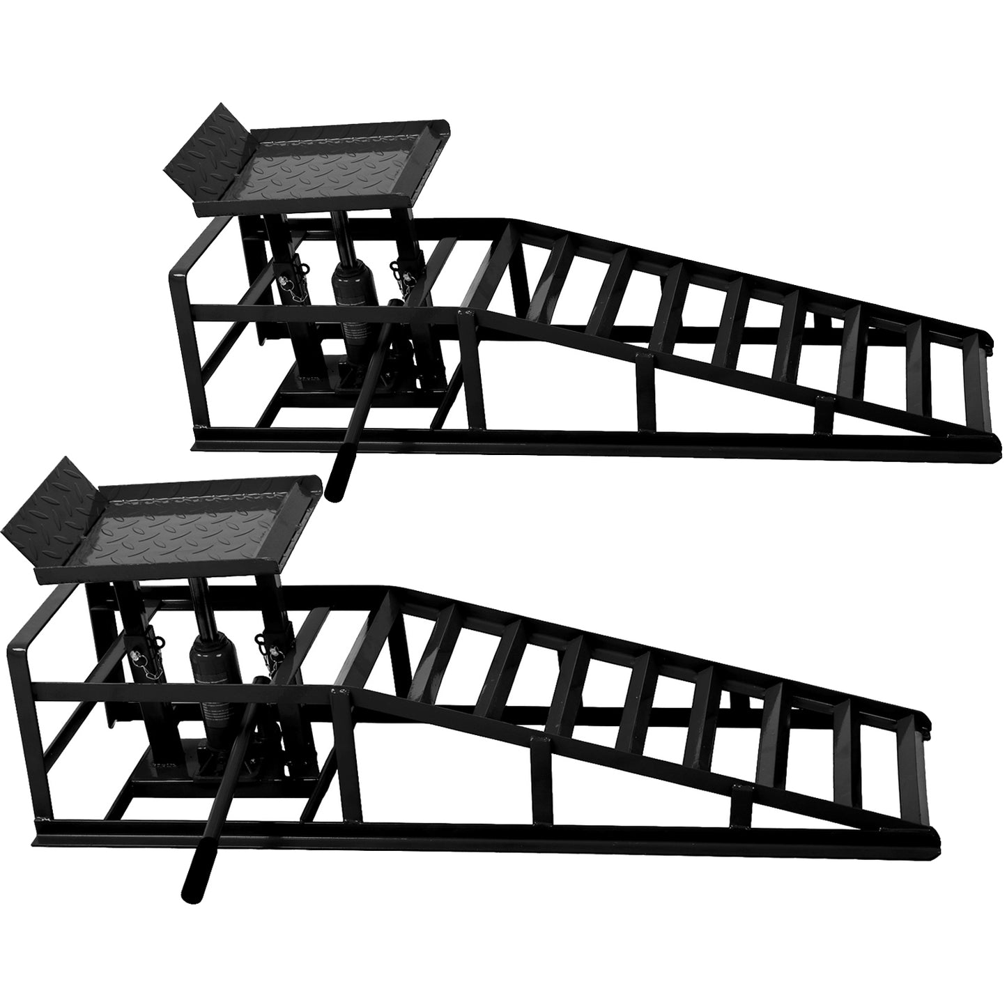 Black hydraulic car jack ramps with textured tire stops