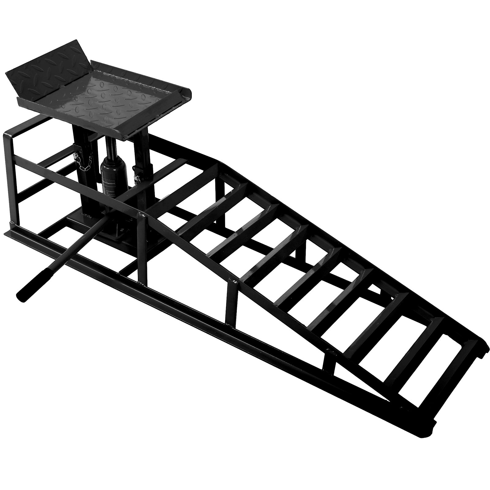 Heavyduty black steel car ramp with hydraulic lift for vehicle maintenance