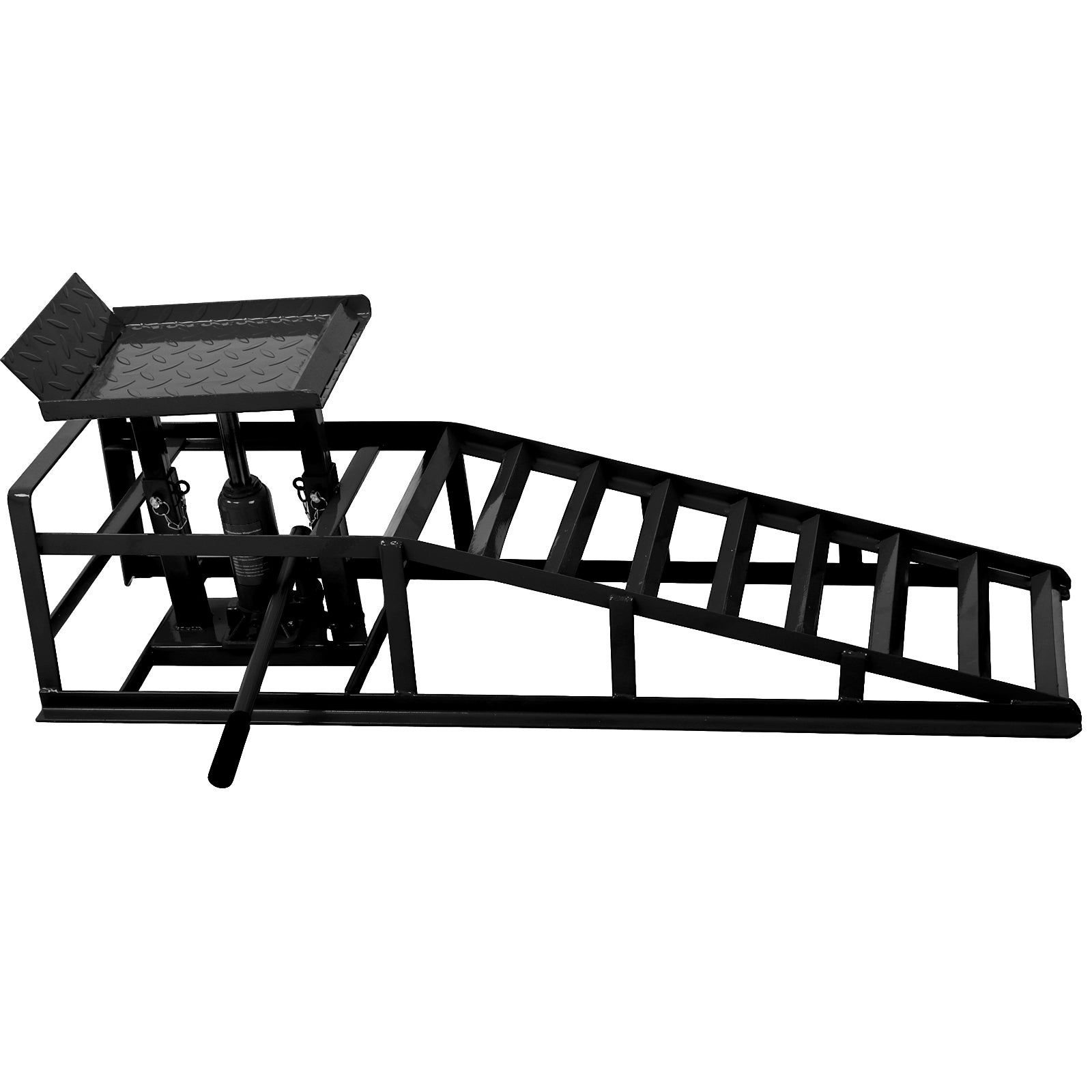 Heavyduty steel car ramp with hydraulic jack for vehicle maintenance and repair