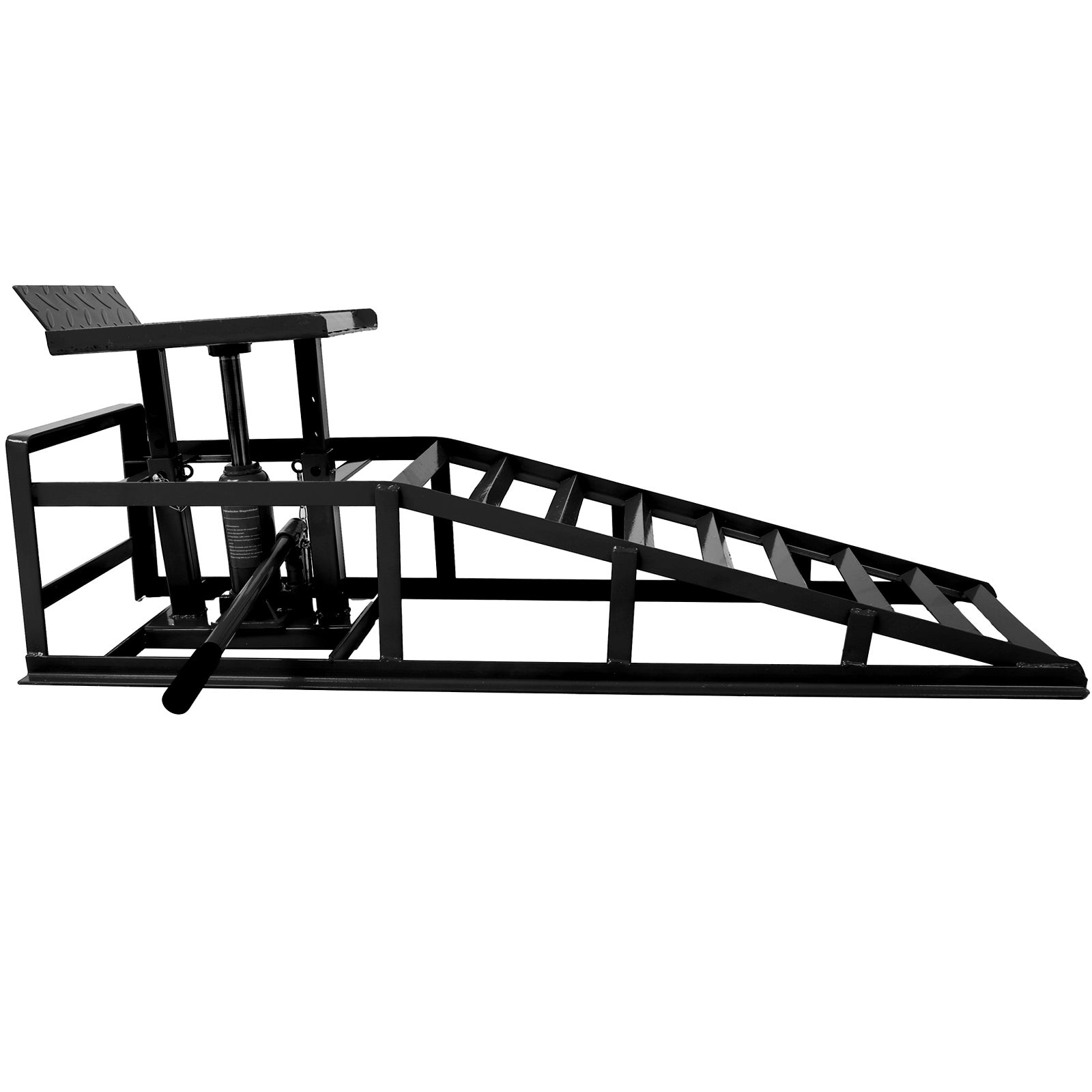 Black hydraulic car ramp with a metal jack and textured tire stop for vehicle maintenance