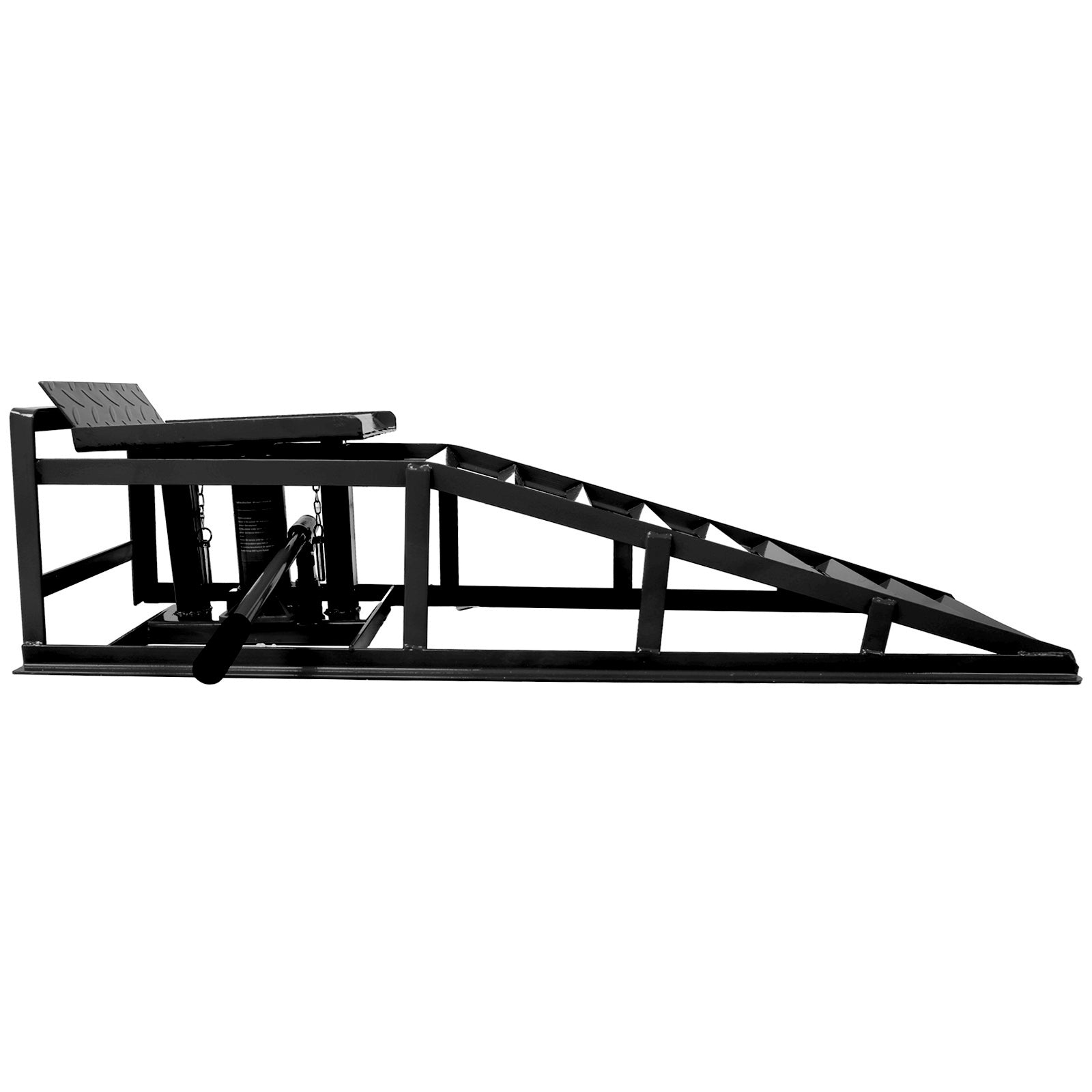 Black hydraulic car ramp with textured tire stop for safe vehicle lifting and maintenance