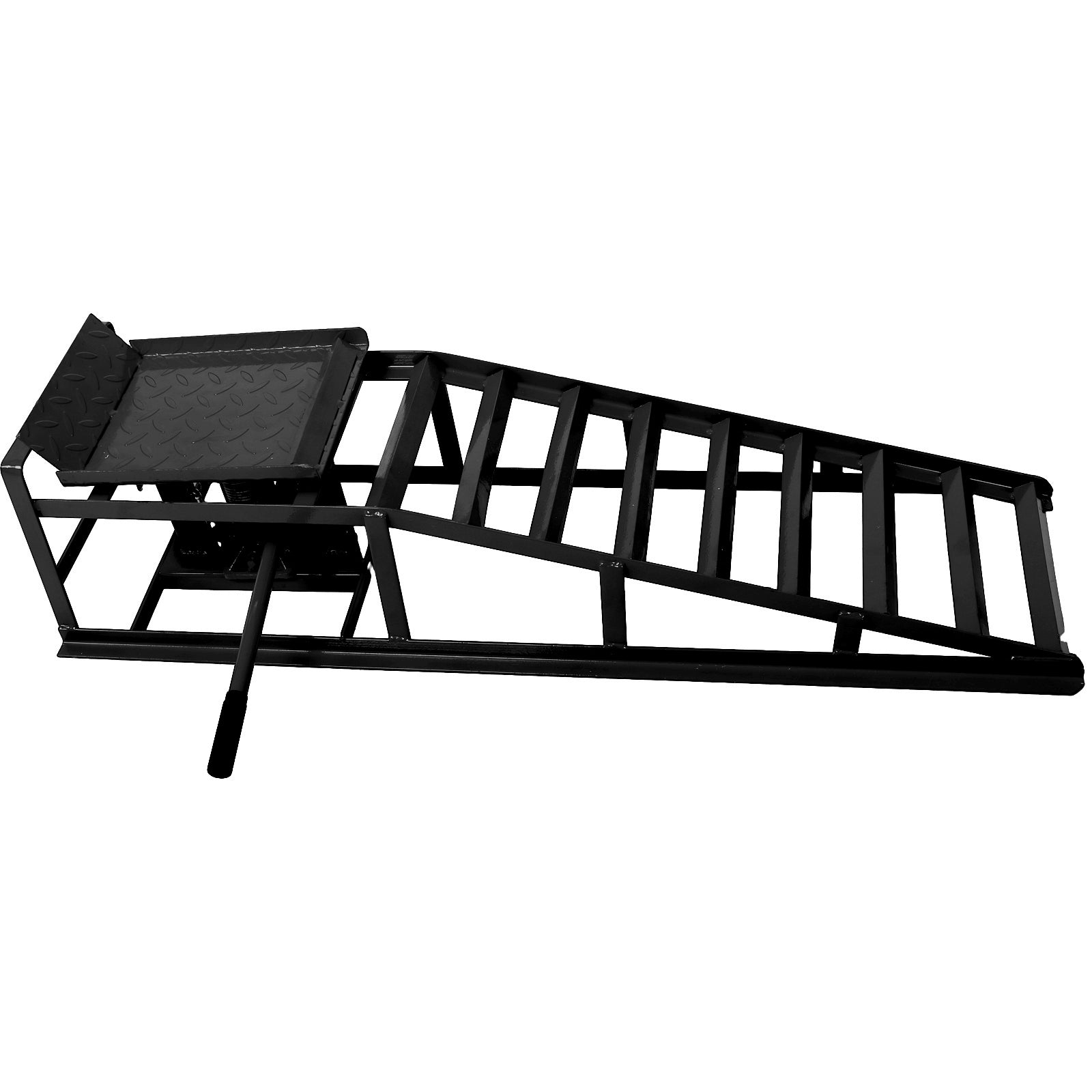 Black metal automotive wheel ramp with diamond plate surface and lifting handle for easy vehicle access