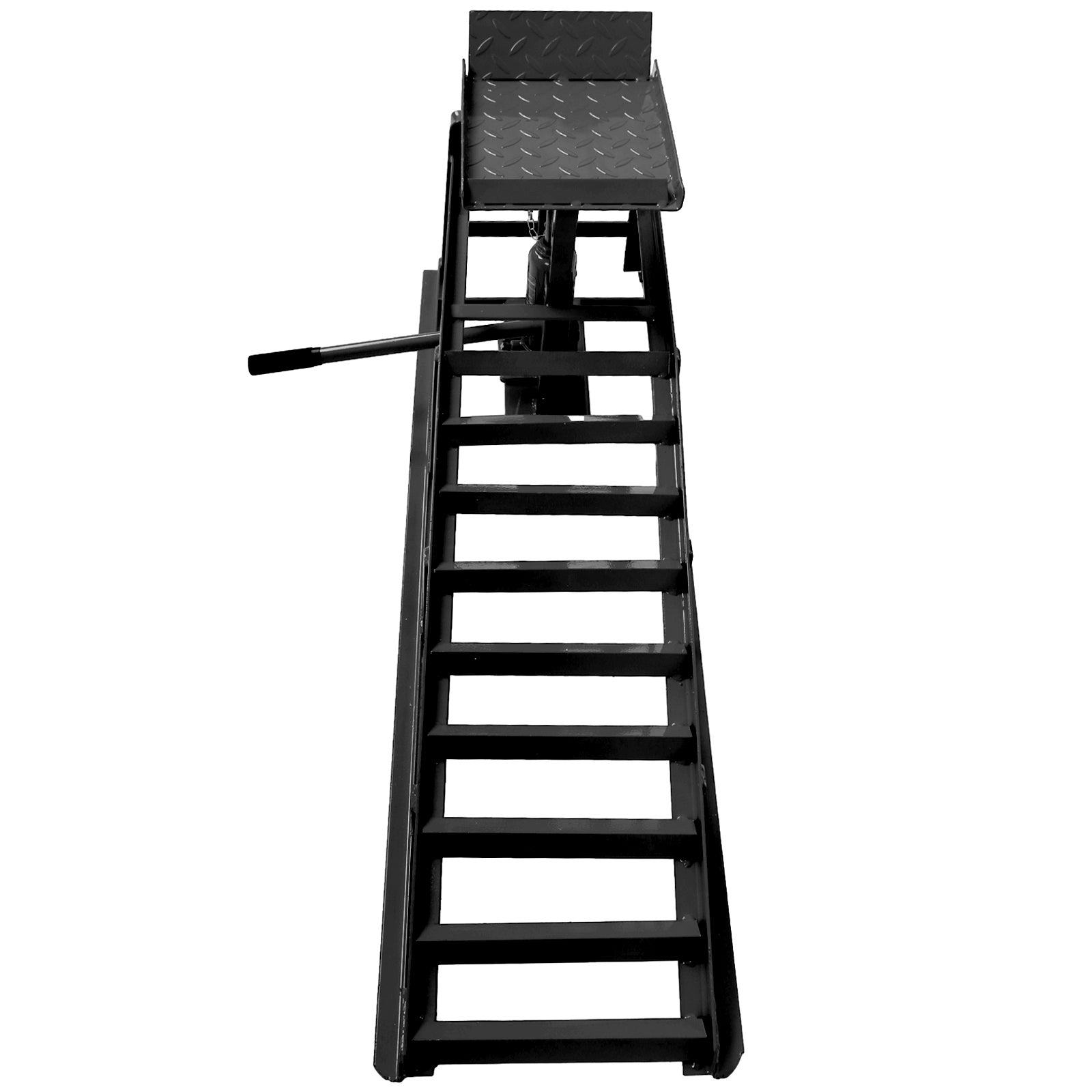 Black motorcycle jack stand with metal ramp and diamond plate platform