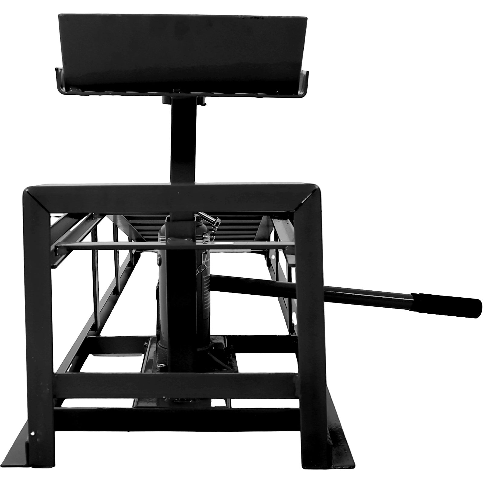 Black metal hydraulic jack stand for vehicle maintenance