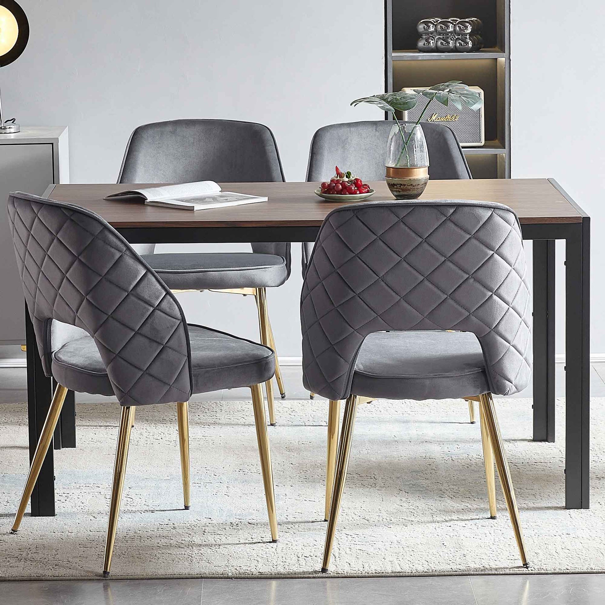 Quilted gray velvet dining chairs with gold tapered legs set of