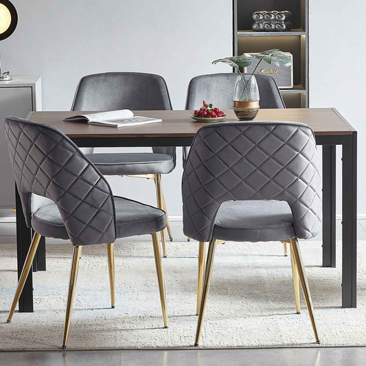 Quilted gray velvet dining chairs with gold tapered legs set of