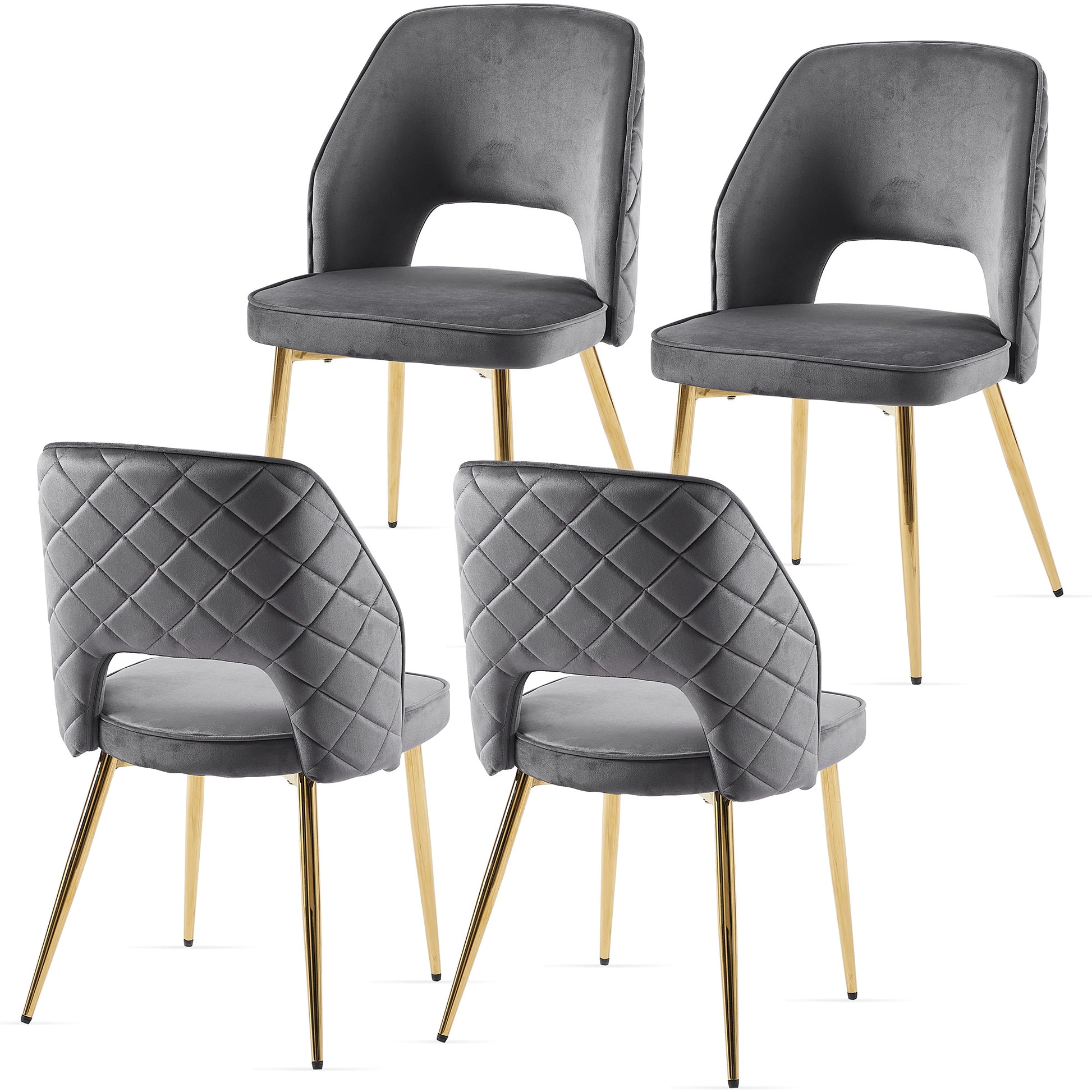 Set of four grey velvet dining chairs with diamond tufting and gold metal legs