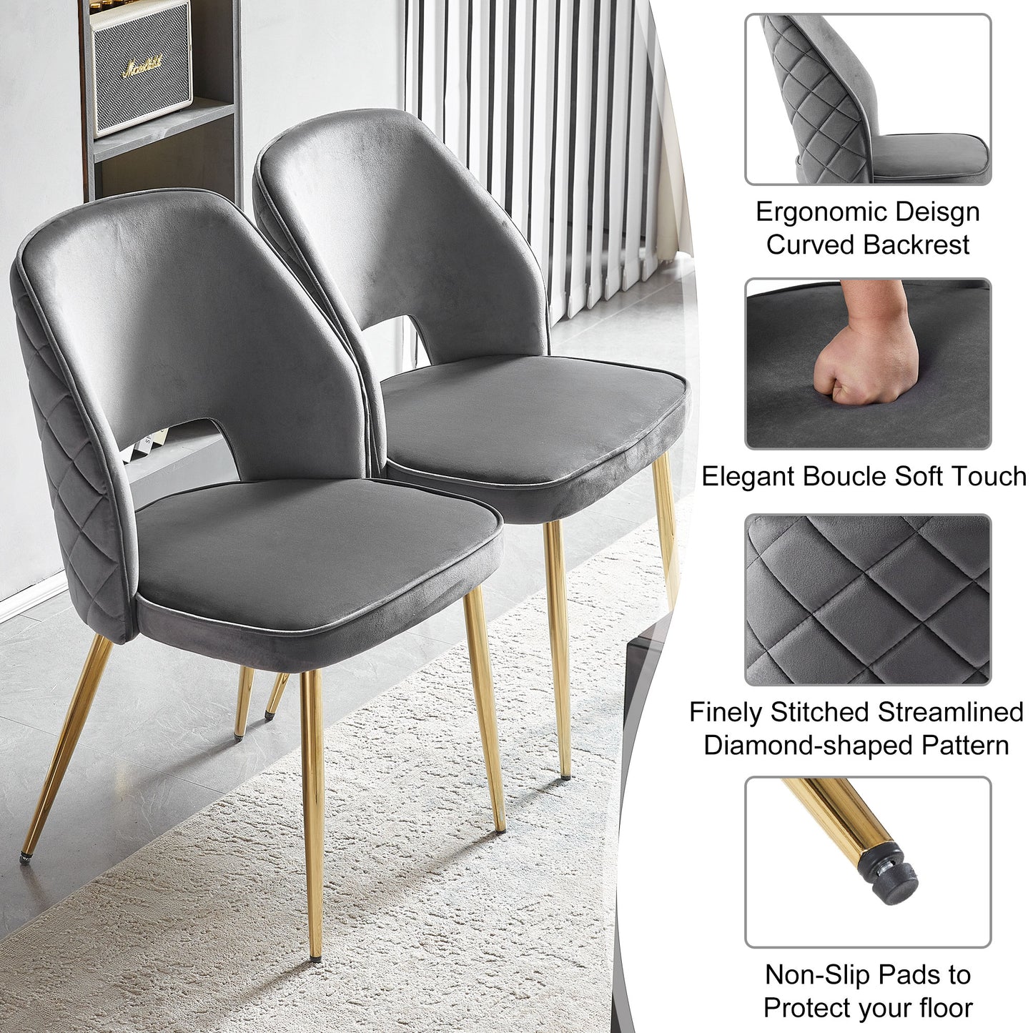 Gray velvet dining chair with diamondstitched back and gold legs for modern living