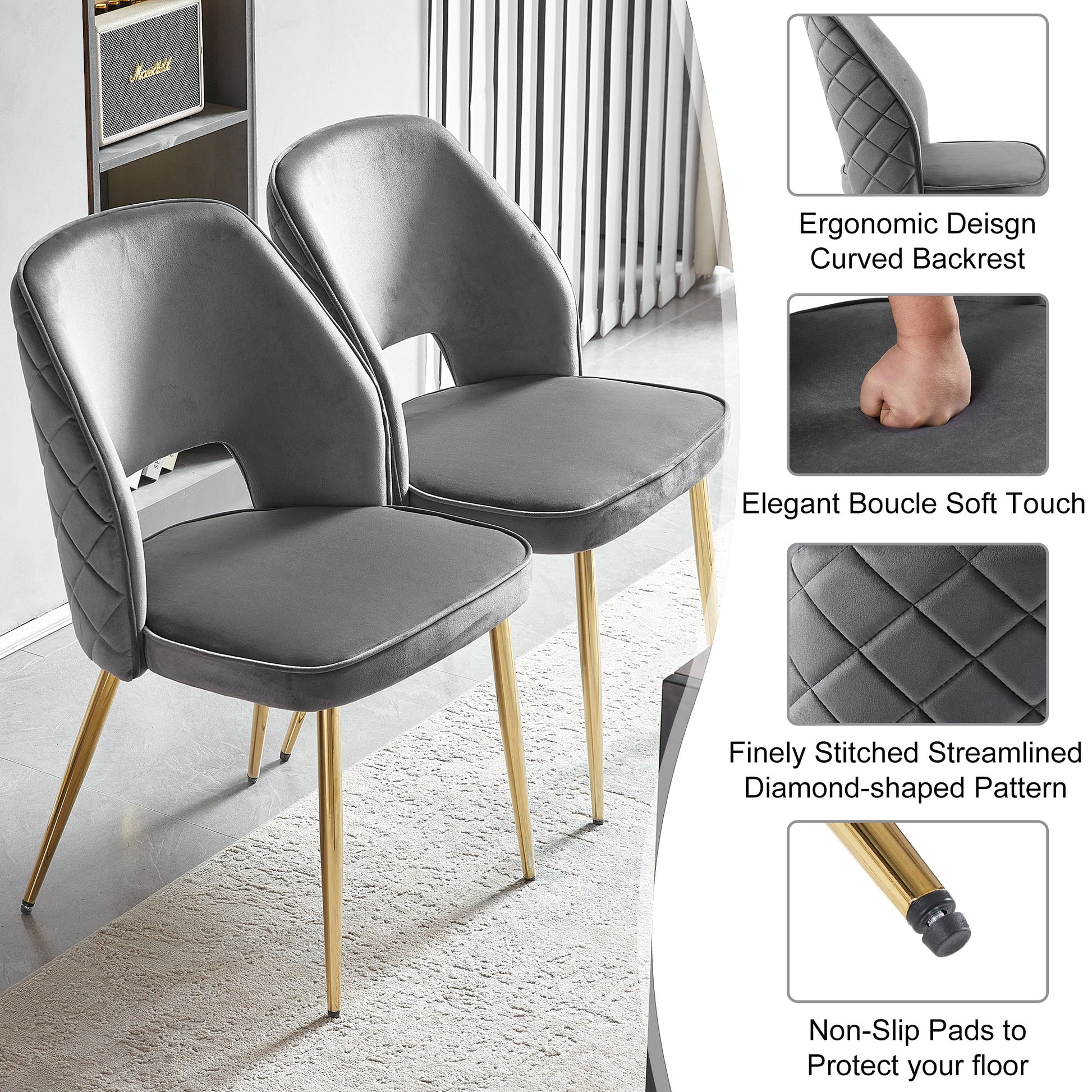 Gray velvet dining chair with diamondstitched back and gold legs for modern living