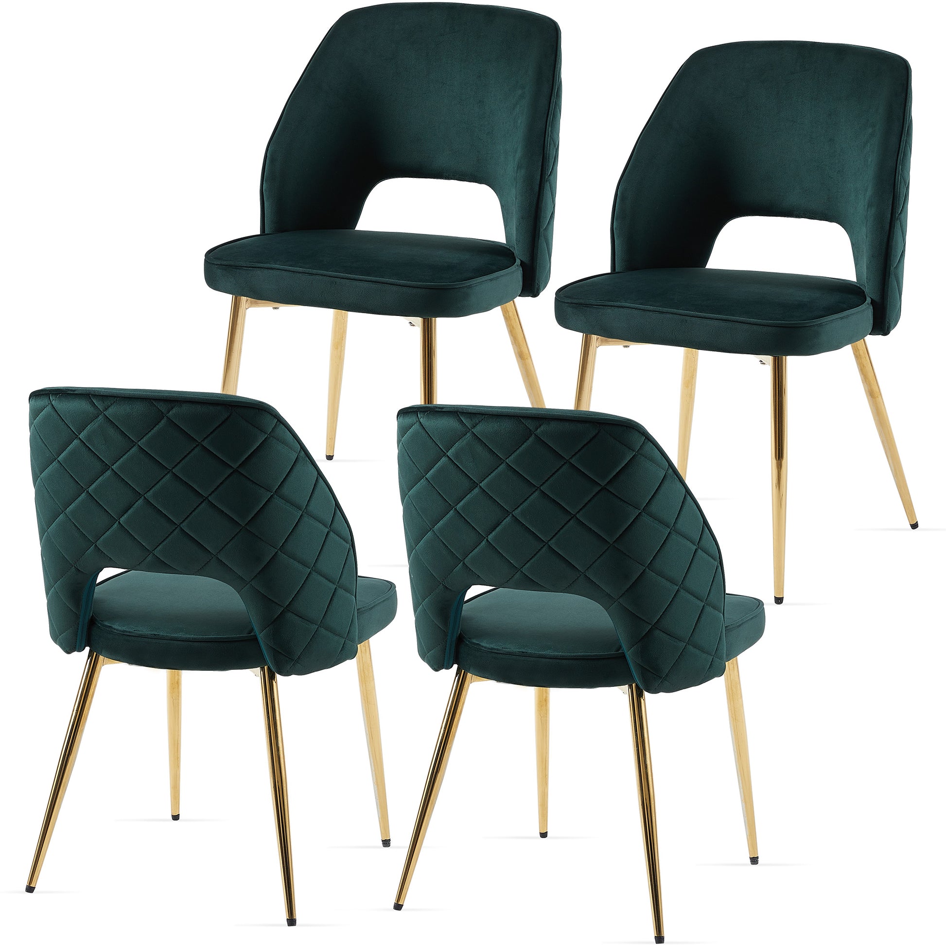 Four emerald green velvet dining chairs with gold legs and diamond tufting