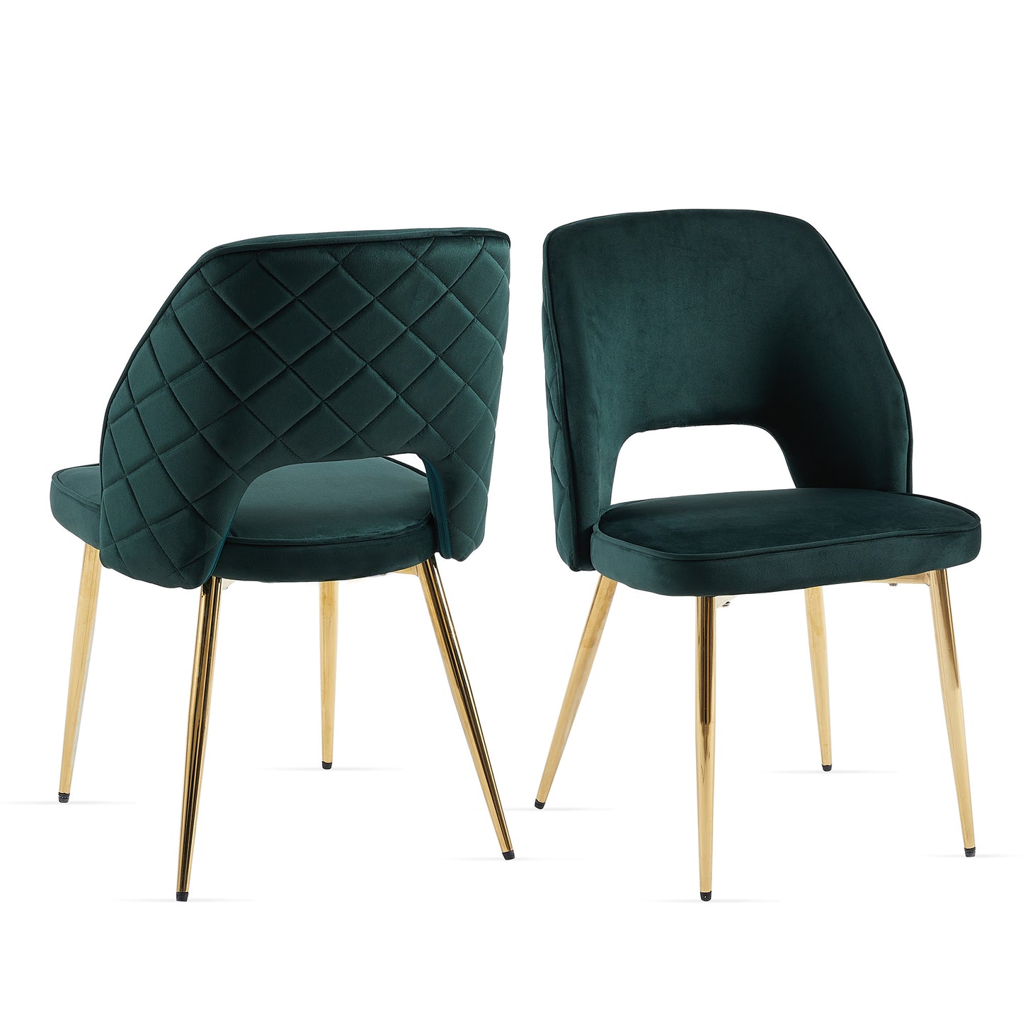 Deep green velvet accent chair with diamond tufting and gold metal legs