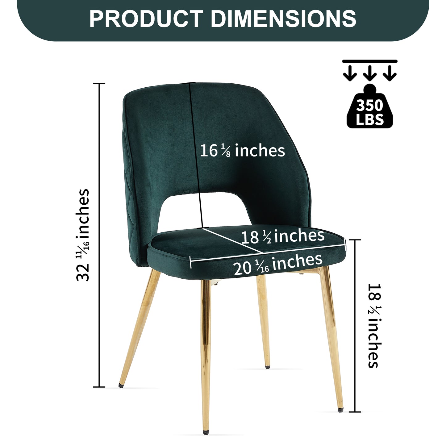 Emerald green velvet dining chair with gold legs dimensions shown