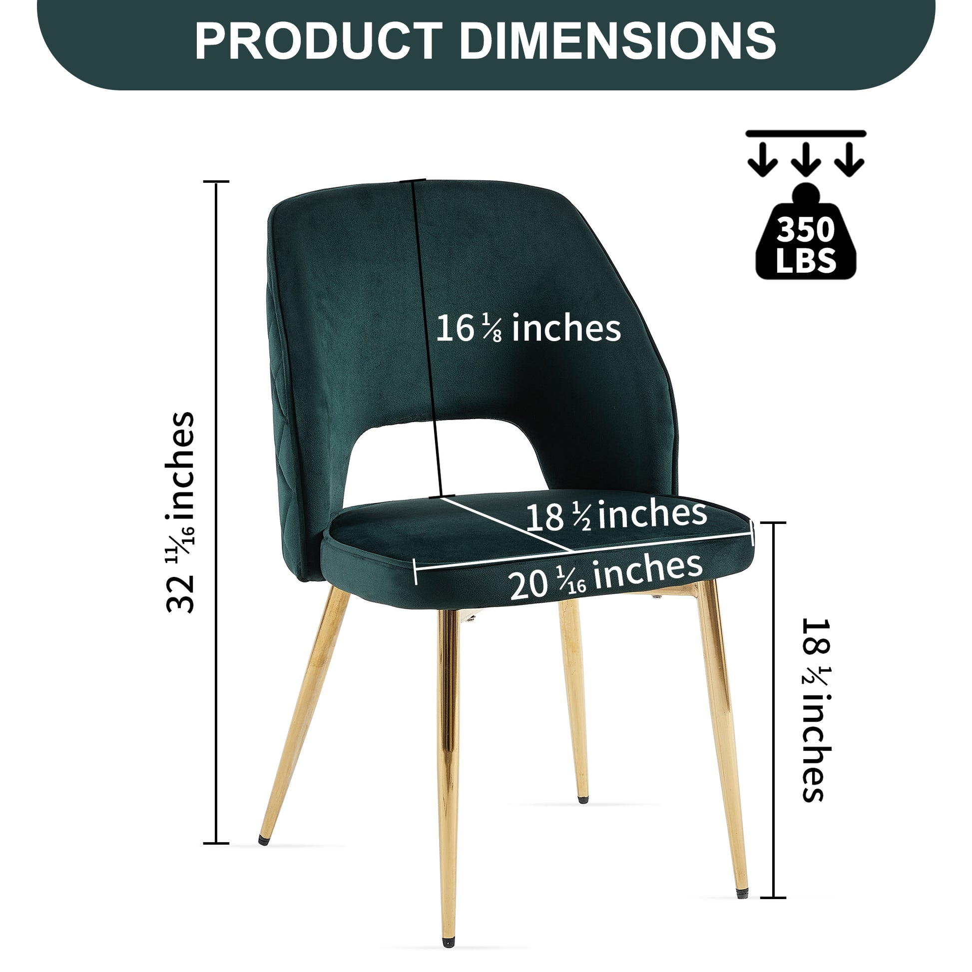 Emerald green velvet dining chair with gold legs dimensions shown
