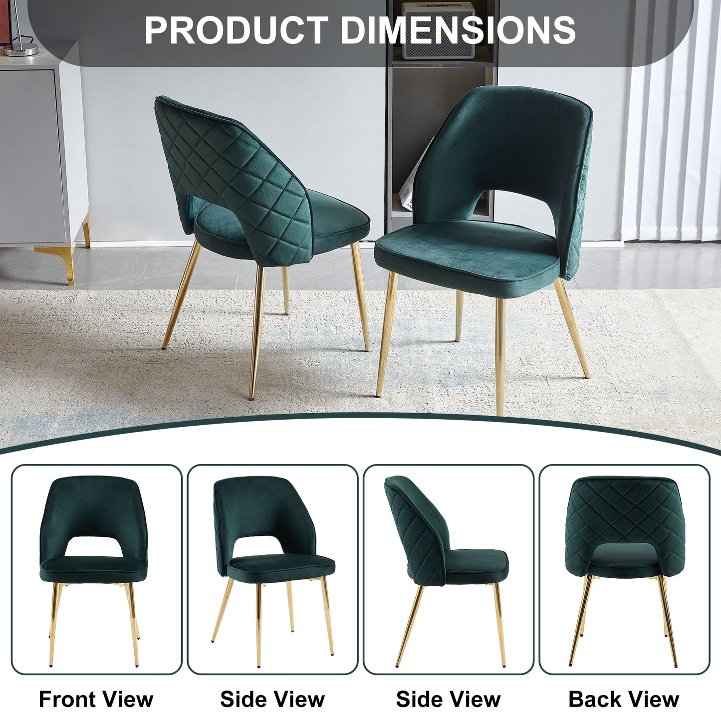 Emerald green velvet dining chair with quilted back and gold legs