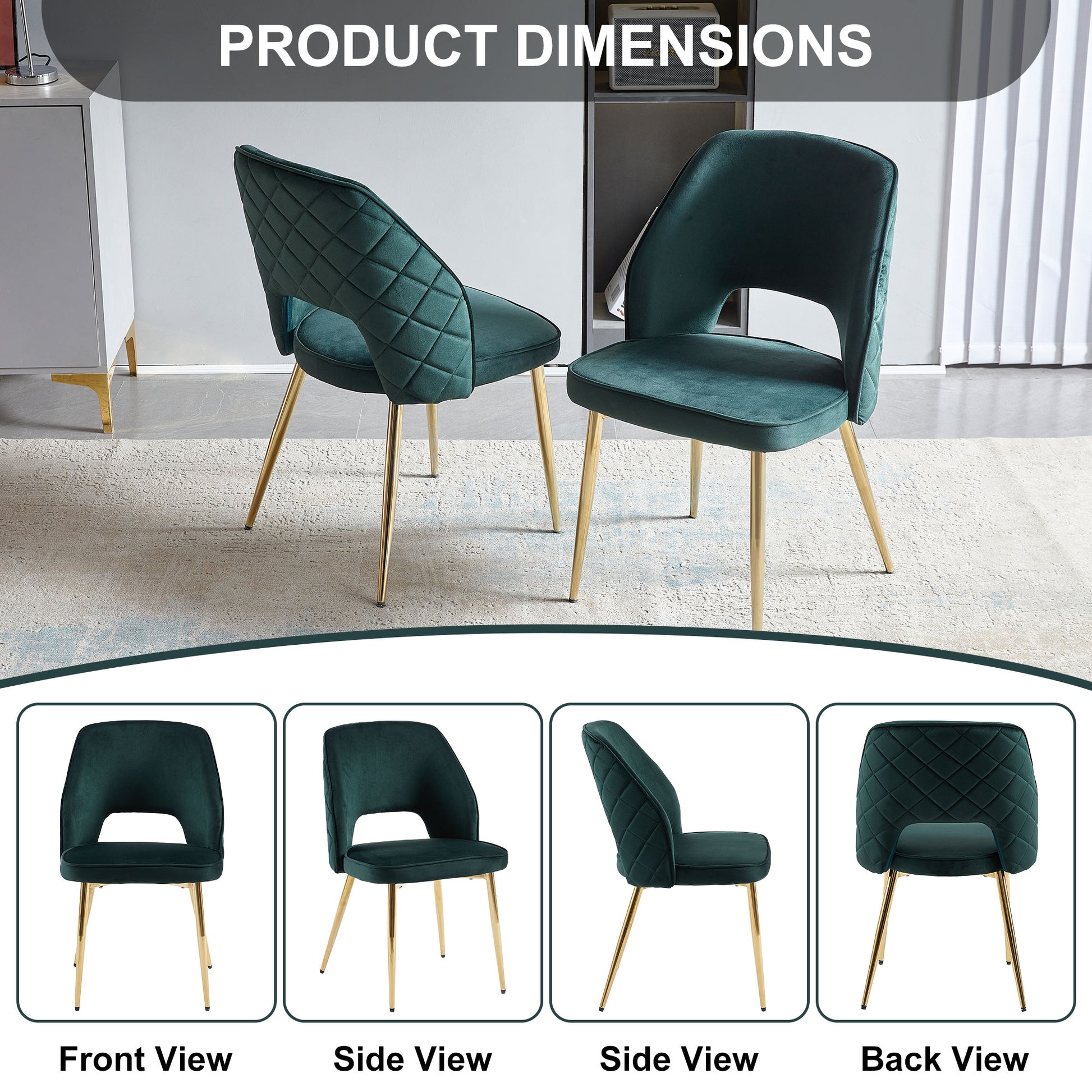 Emerald green velvet dining chair with quilted back and gold legs