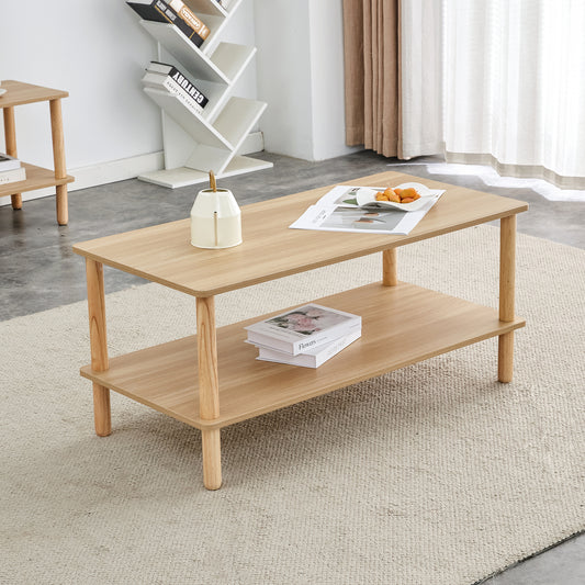 Modern twotier oak coffee table with clean lines and rounded edges perfect for living rooms