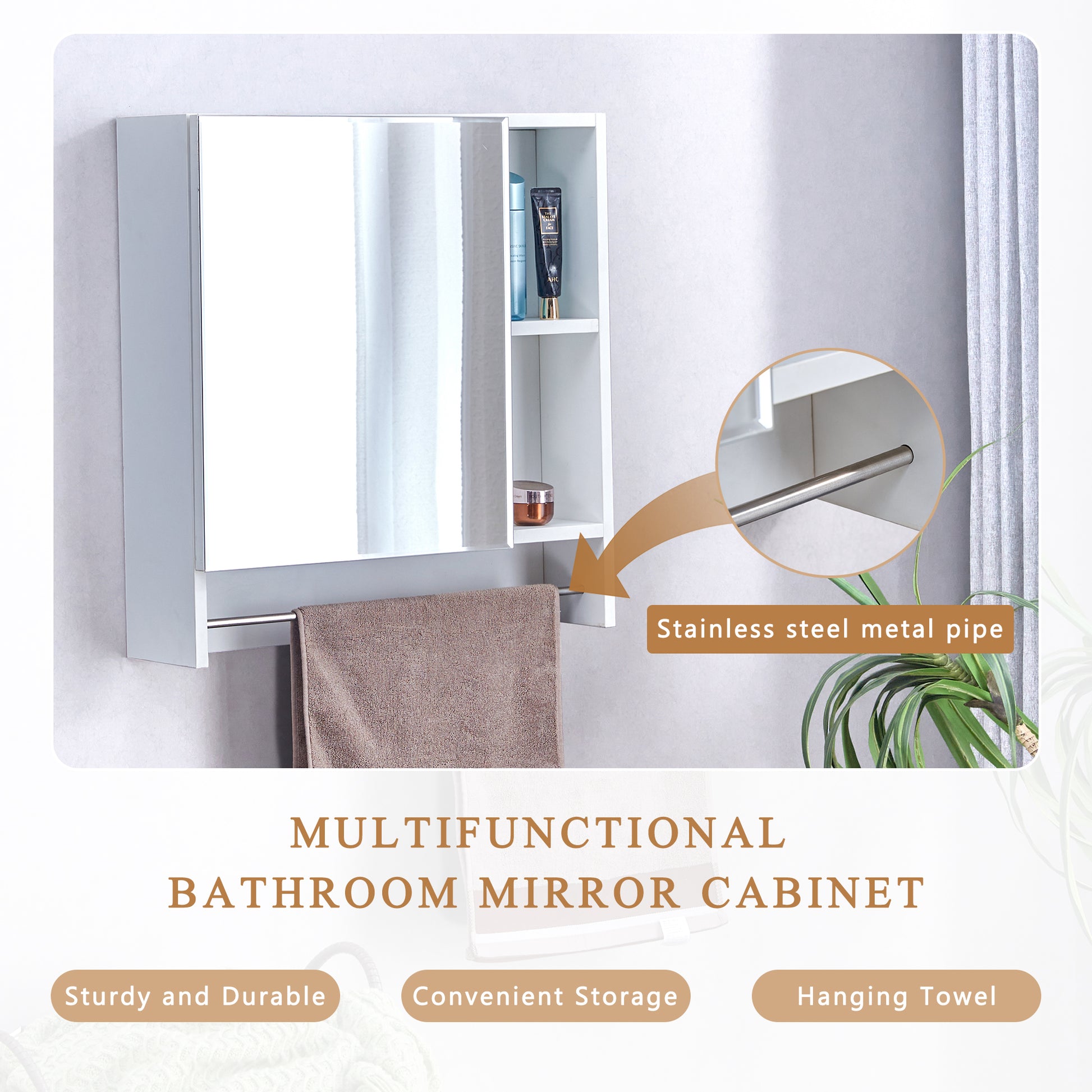 White wallmounted bathroom mirror cabinet with towel bar and storage shelves