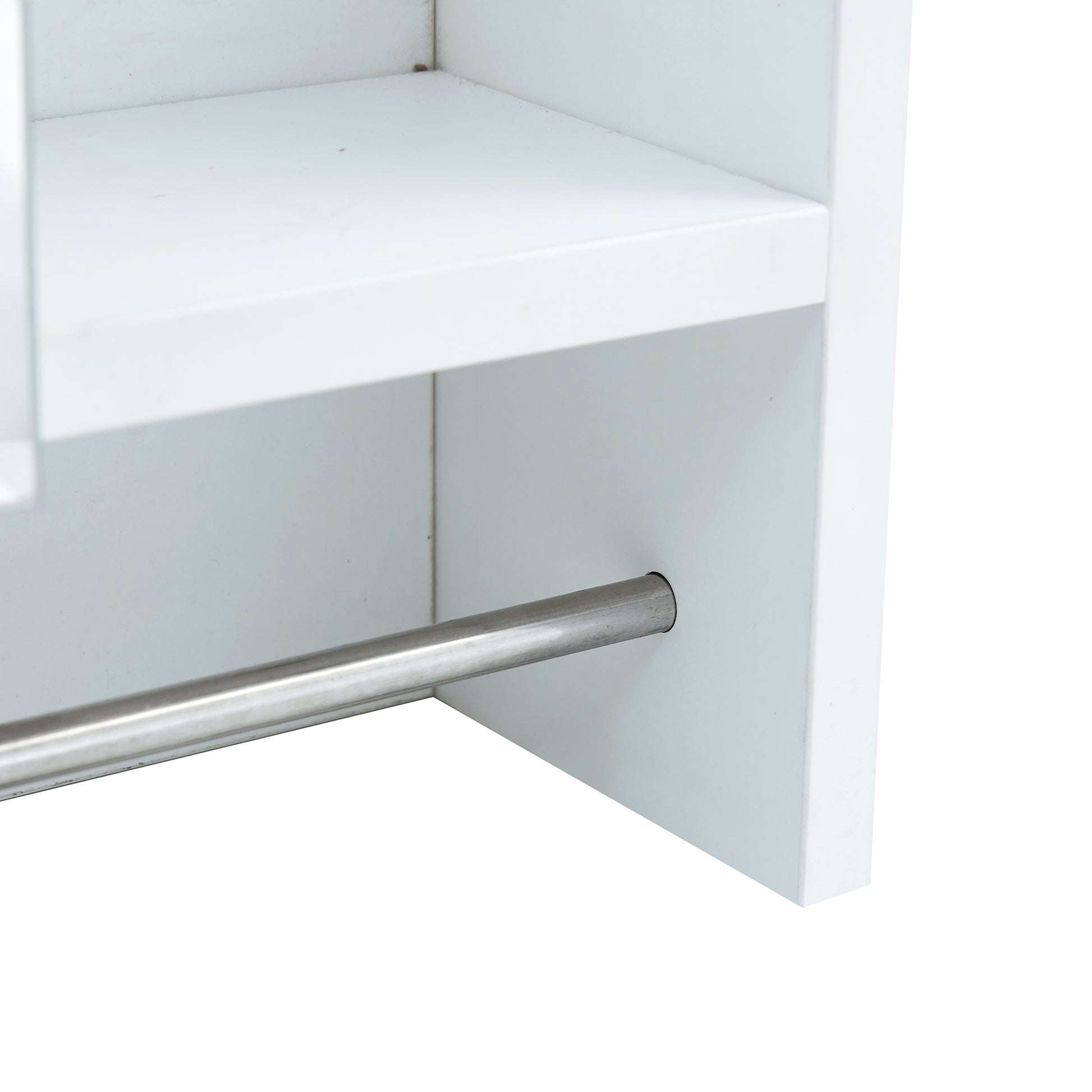 White modern shelf with brushed silver towel bar ideal for bathroom storage