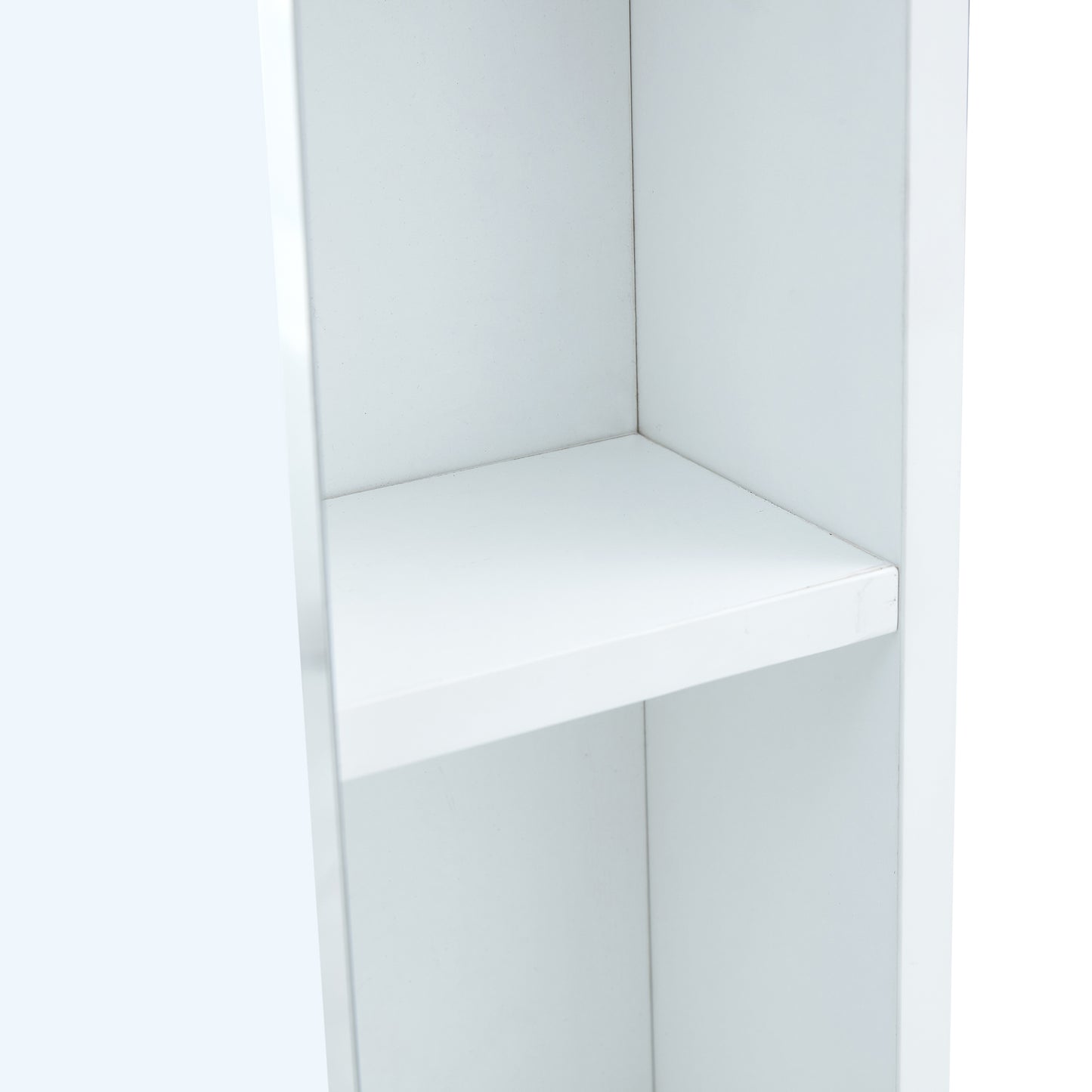 Interior view of a minimalist white cube storage shelf with visible horizontal shelf