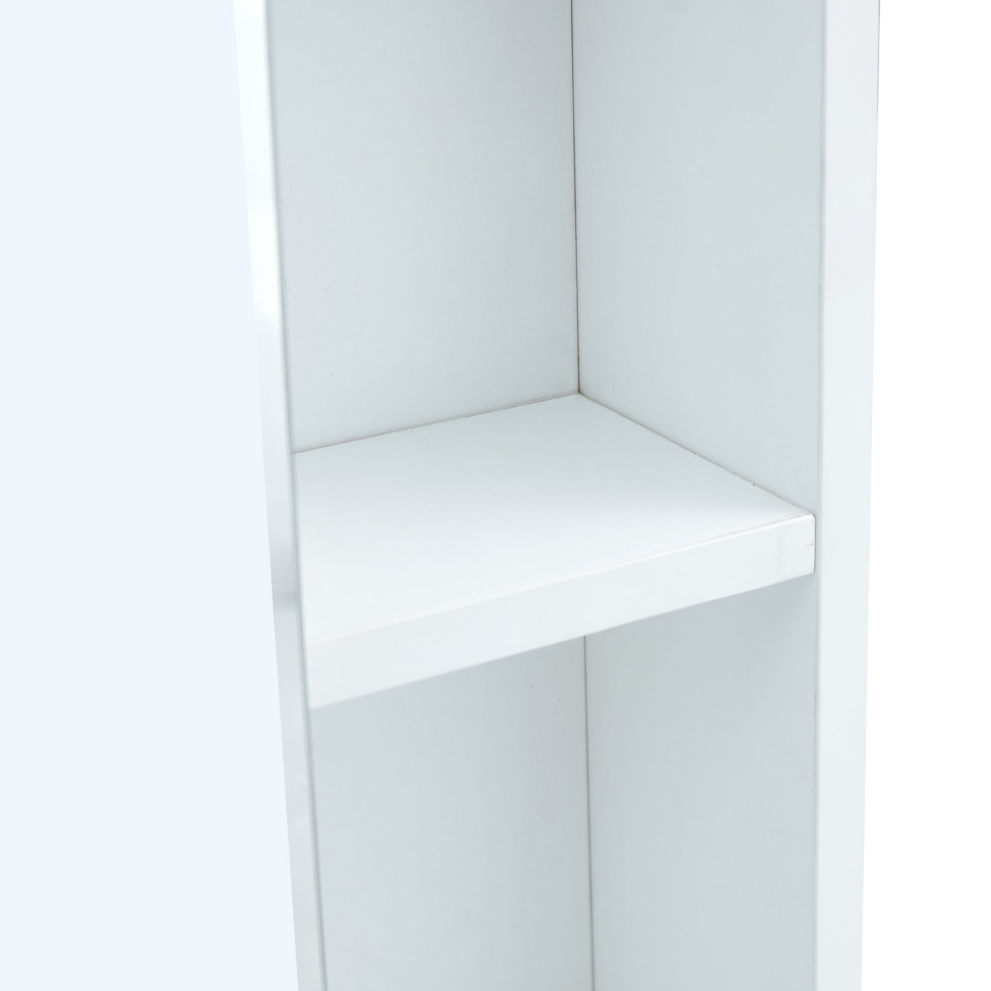 Interior view of a minimalist white cube storage shelf with visible horizontal shelf
