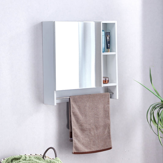 White modern medicine cabinet with mirrored door and open shelving holding toiletries and towel