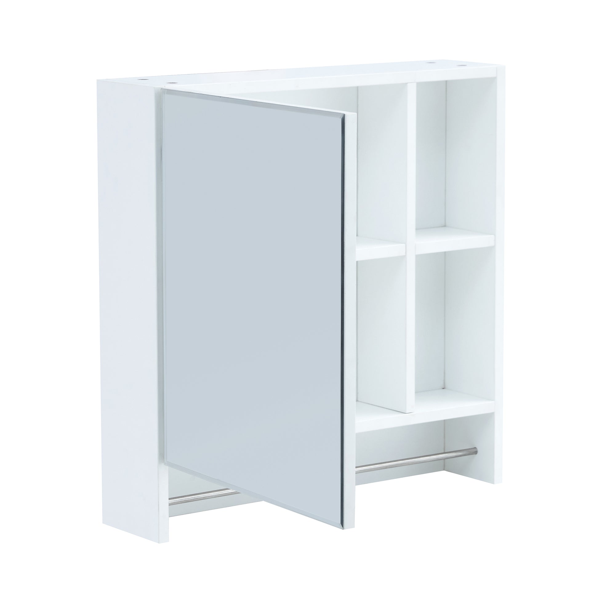 Modern white medicine cabinet with mirrored door and open shelving for bathroom storage