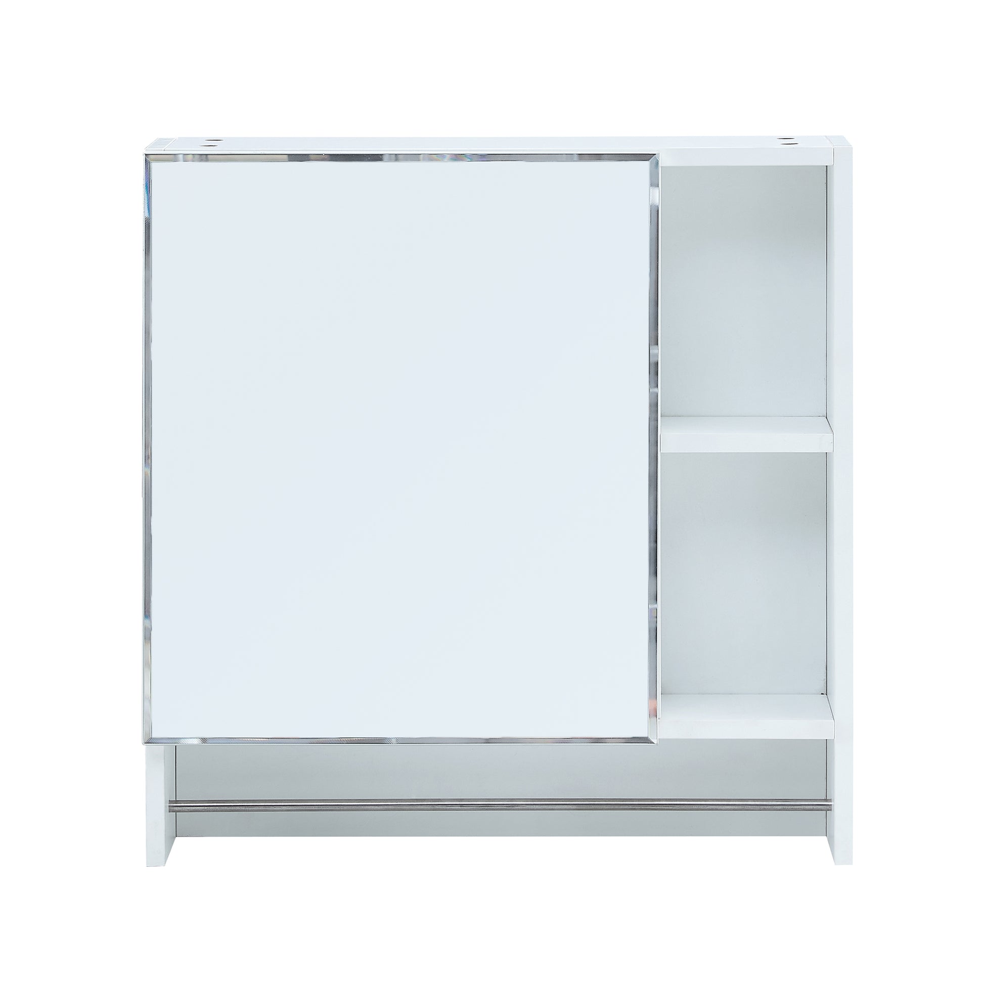 Modern white wall cabinet with mirrored door and open shelving for bathroom storage