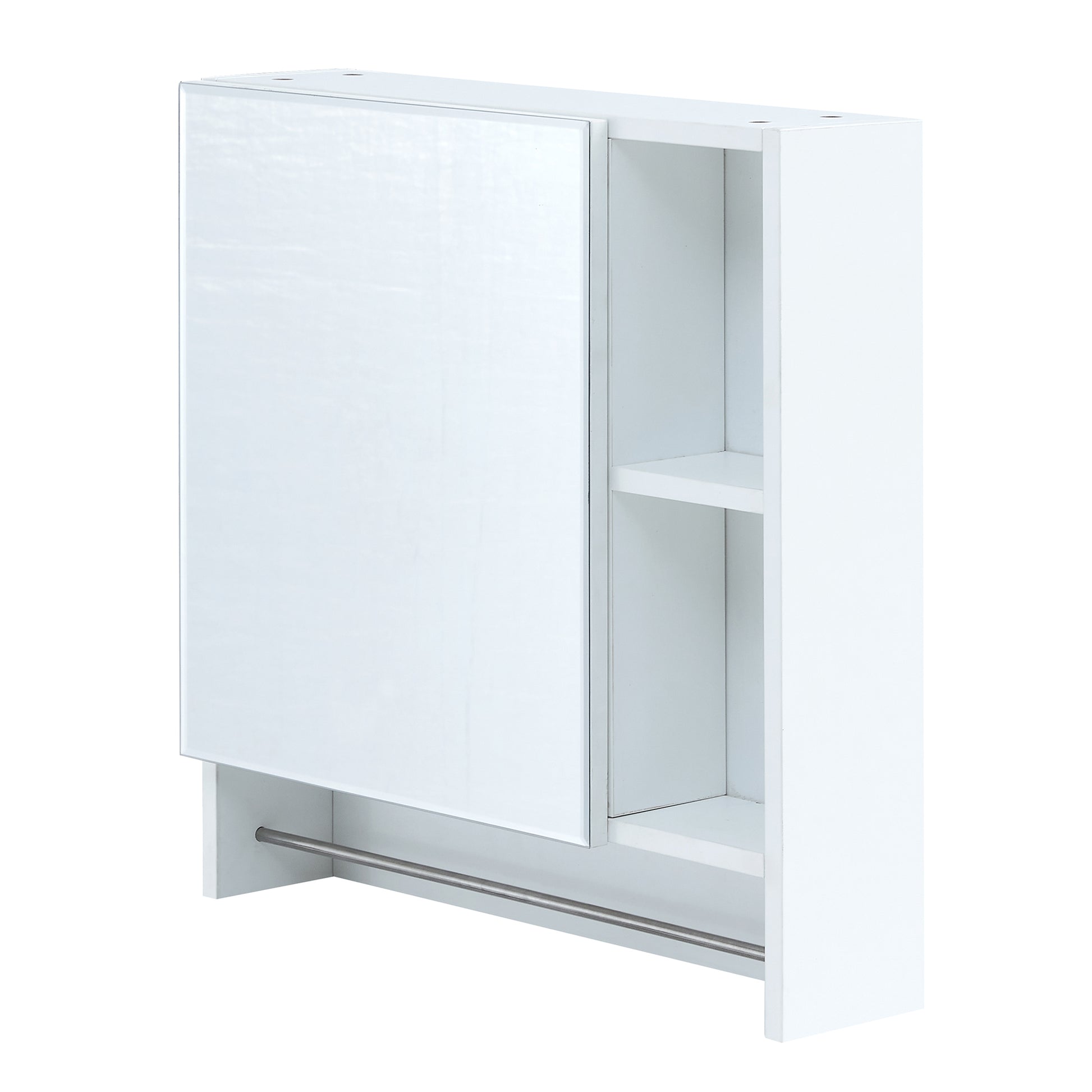 White wall mounted cabinet with mirrored door and open shelving