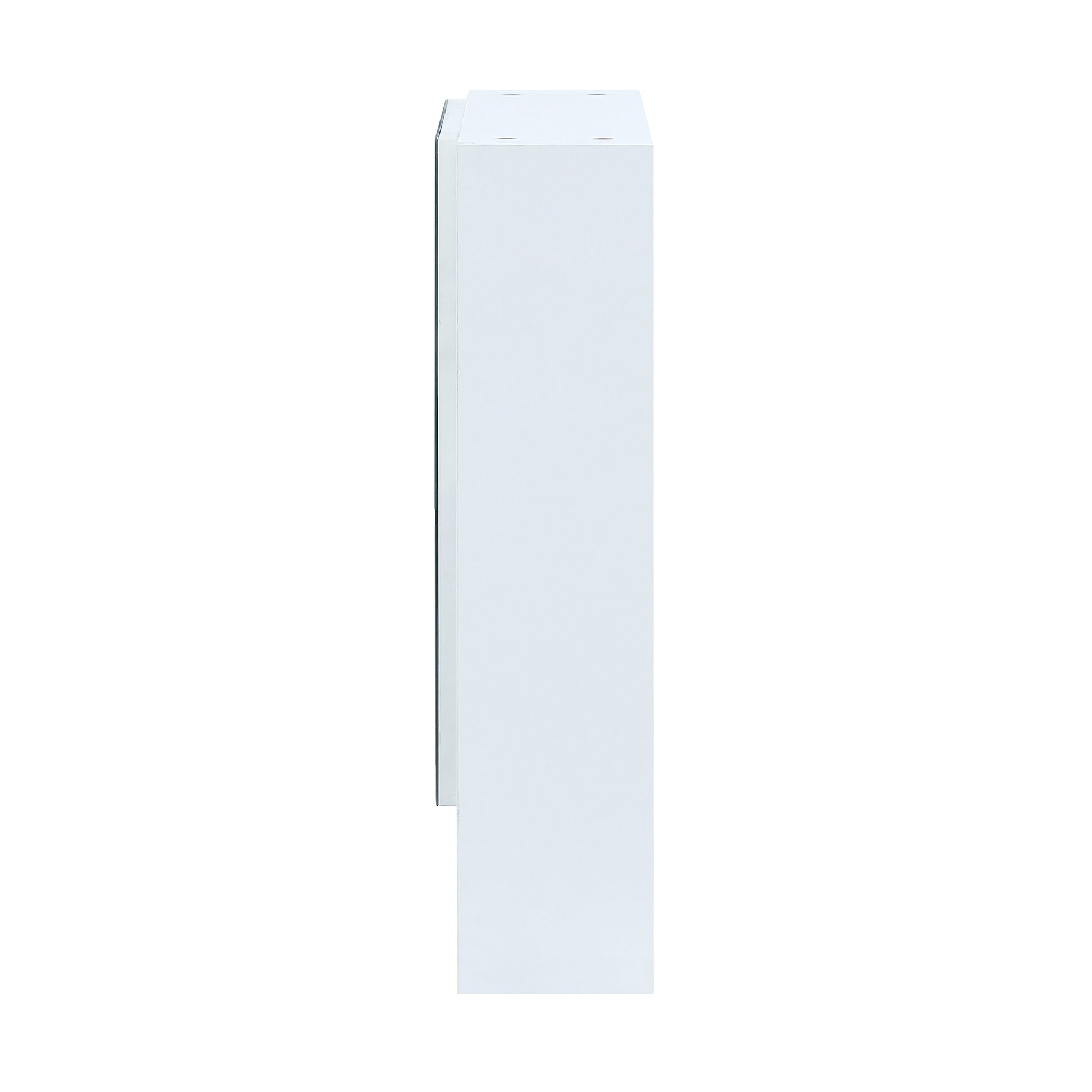 White modern side table with clean lines and a reflective surface
