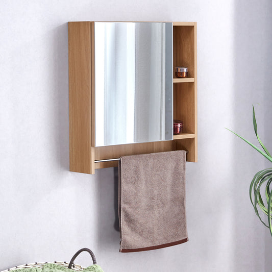 Light oak bathroom cabinet with integrated mirror and towel bar