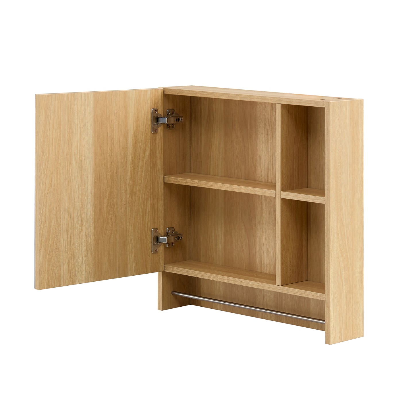 Light oak veneer medicine cabinet with open door and multiple shelves