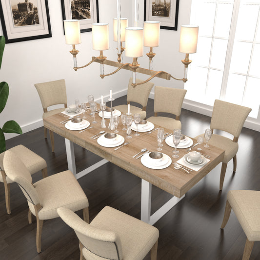 Rustic wood dining table set for six with beige upholstered chairs