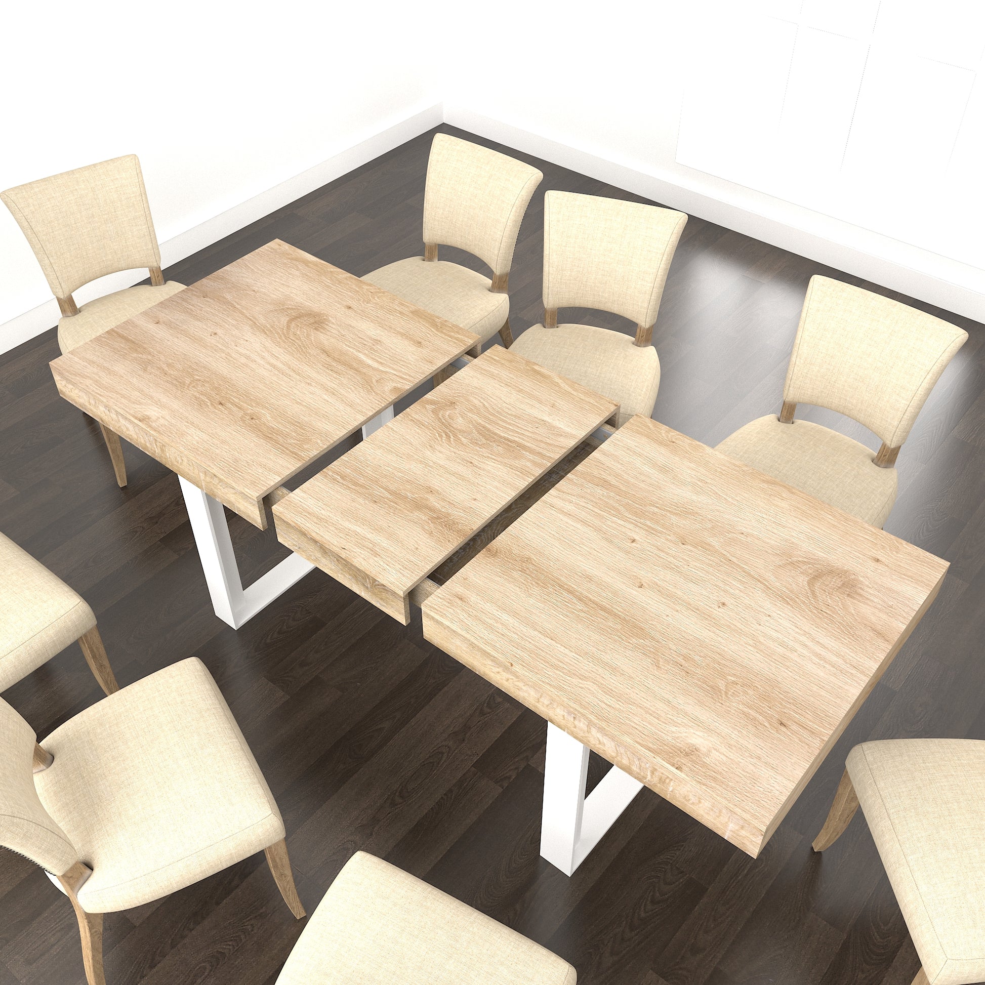 Extendable light oak dining table with modern white legs and upholstered chairs