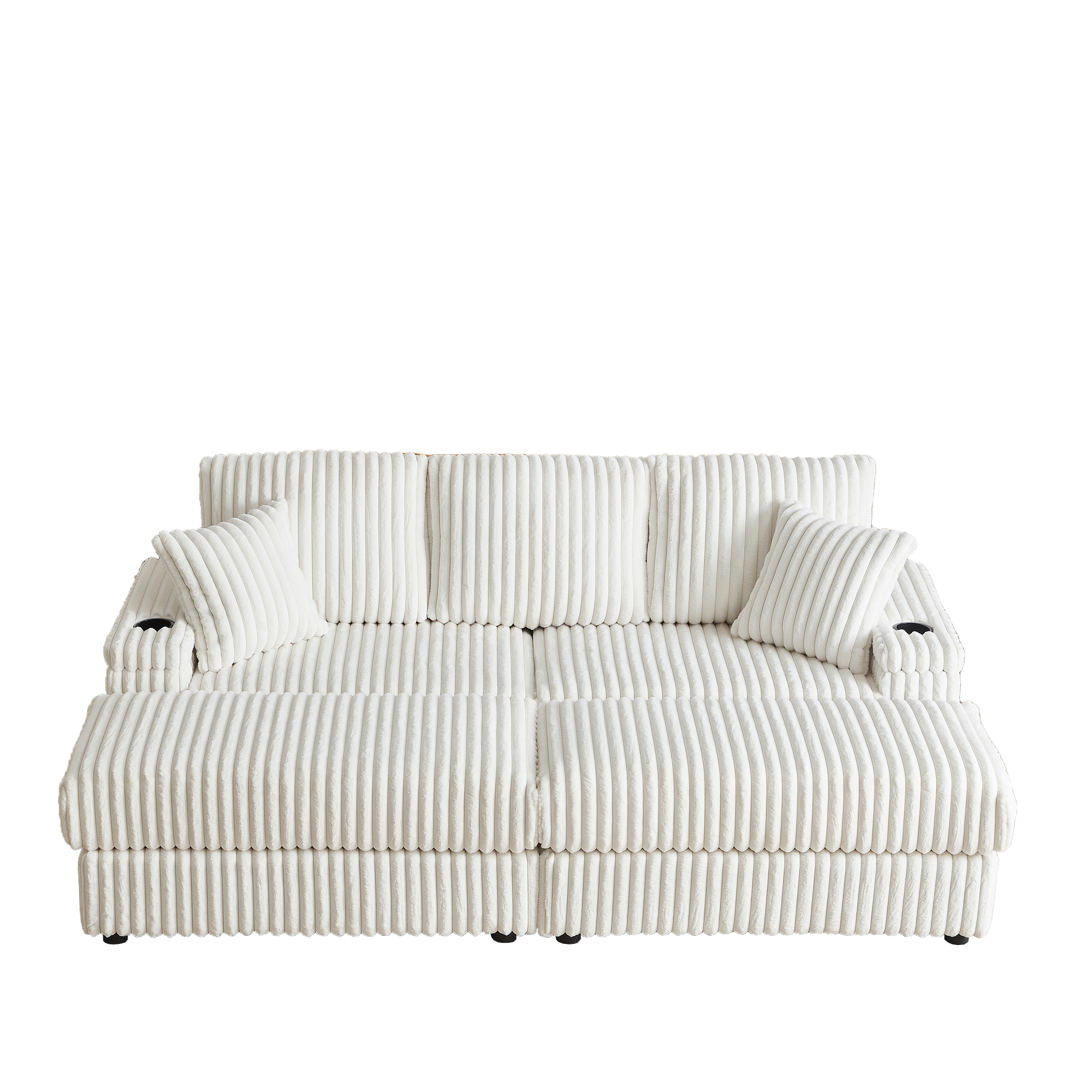 Plush white corduroy sofa with integrated cup holders and wooden accents