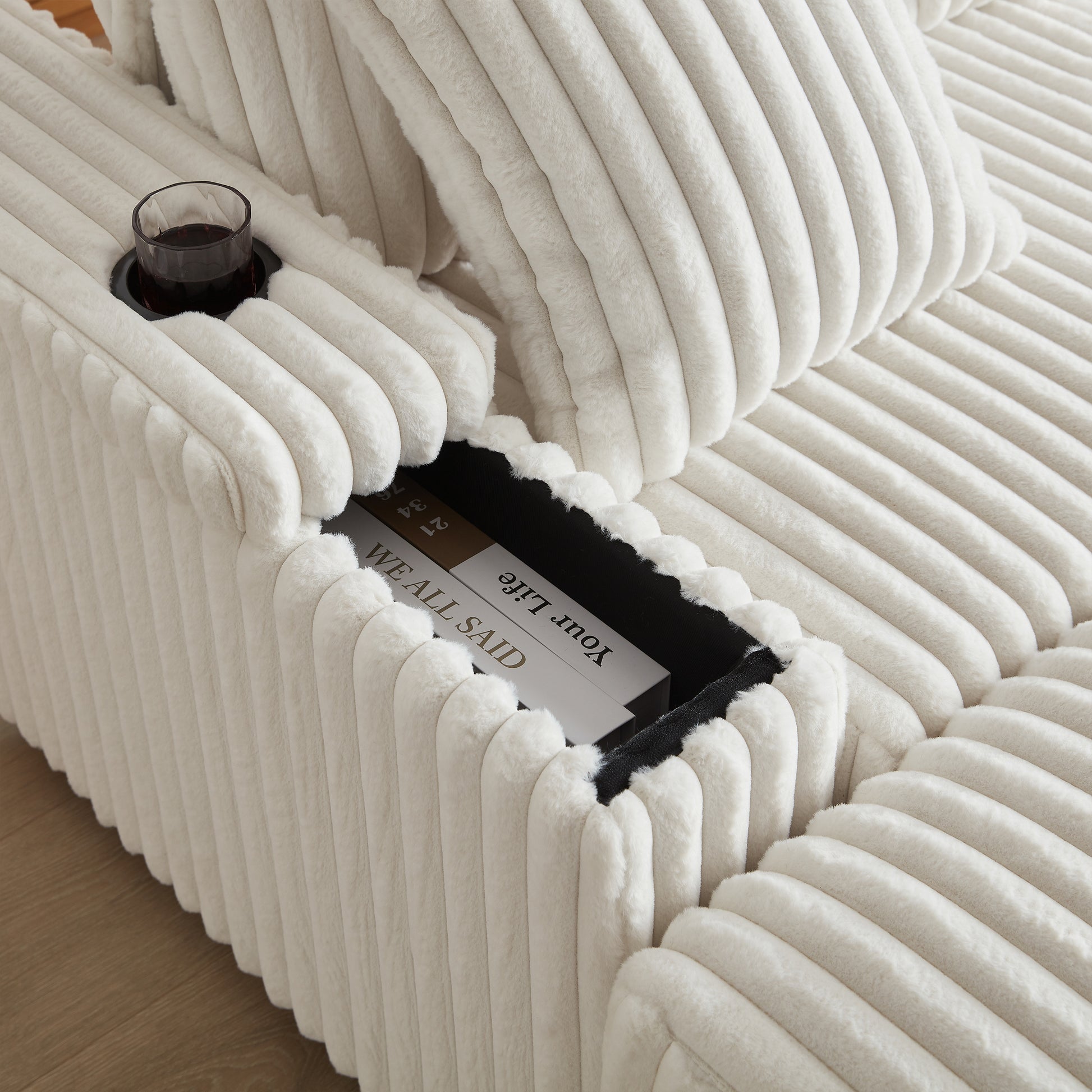 Plush cream corduroy sectional sofa with hidden storage and a cup holder