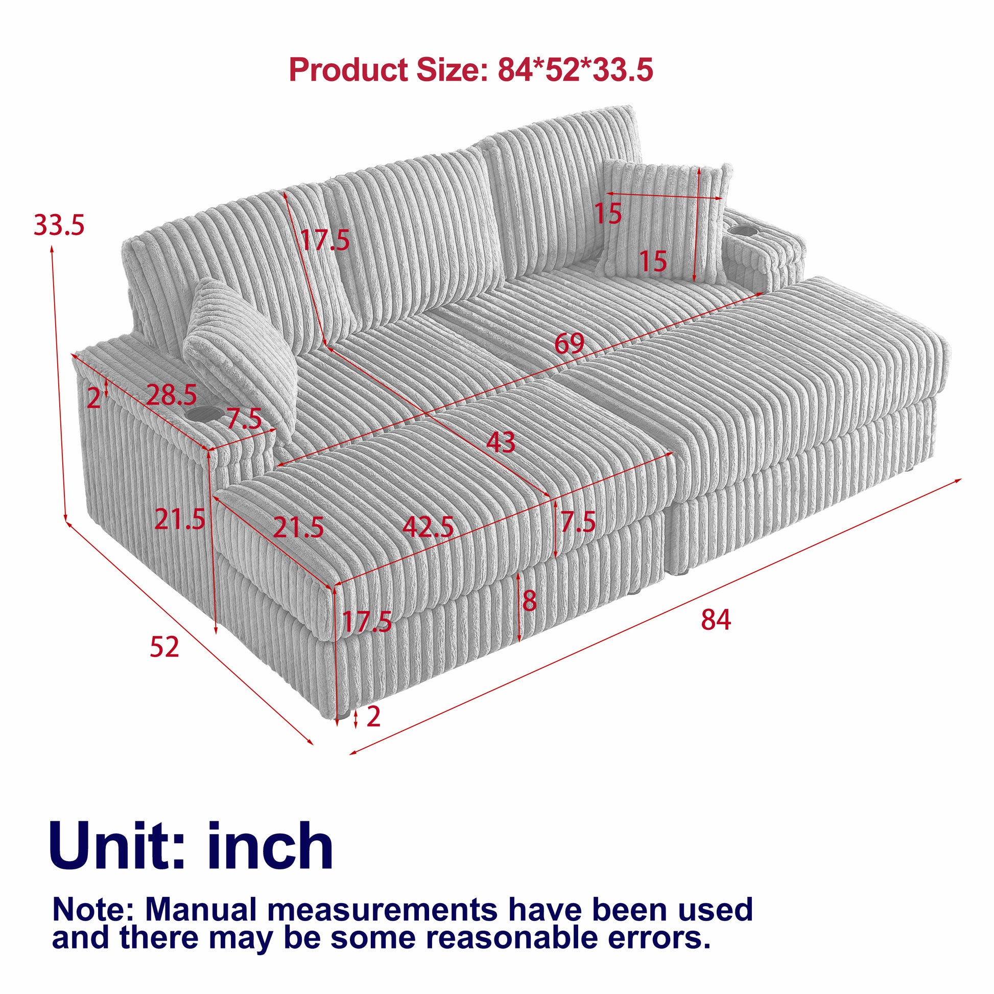 Gray corduroy sectional sofa with chaise and cup holders xx inches